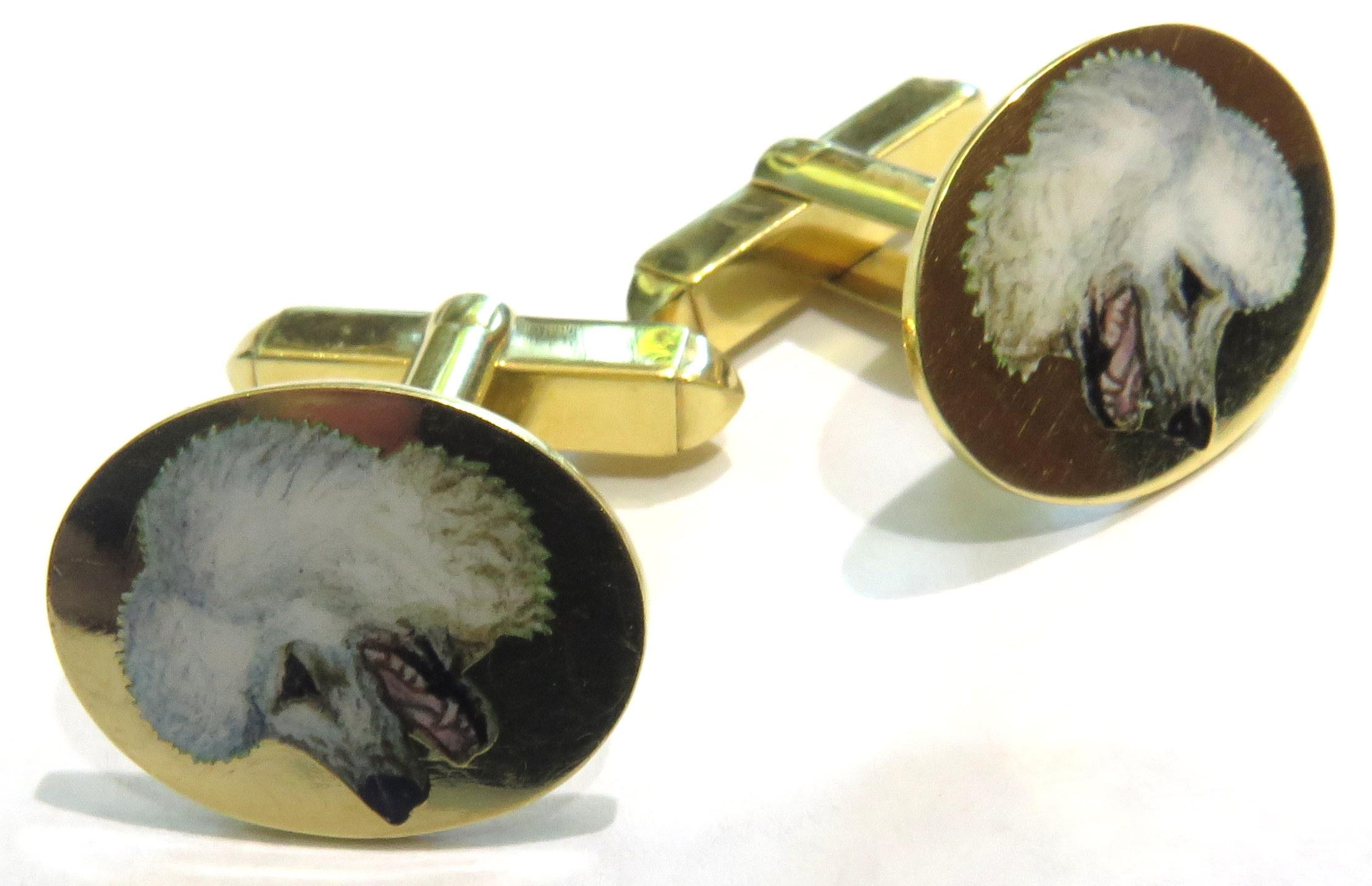 Women's or Men's Incredibly Enameled Poodle Dogs English Hallmarked 18 Karat Cufflinks For Sale