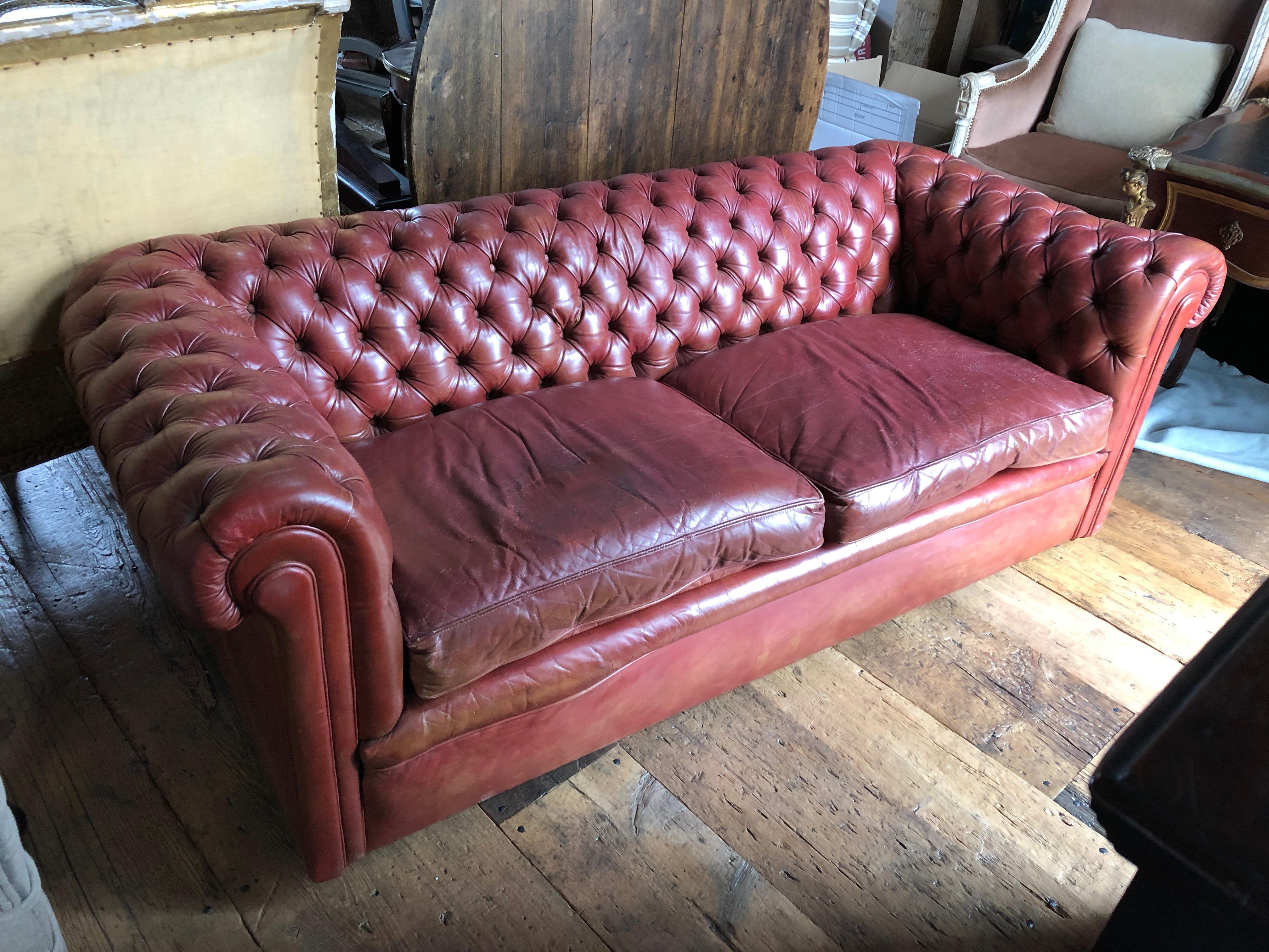 Comfy and oozing with character, a vintage tufted imported English leather Chesterfield rolled arm sofa in perfectly worn subtle red leather having a wonderful aged patina. One
repair on the left seat cushion. Tight back with one missing button