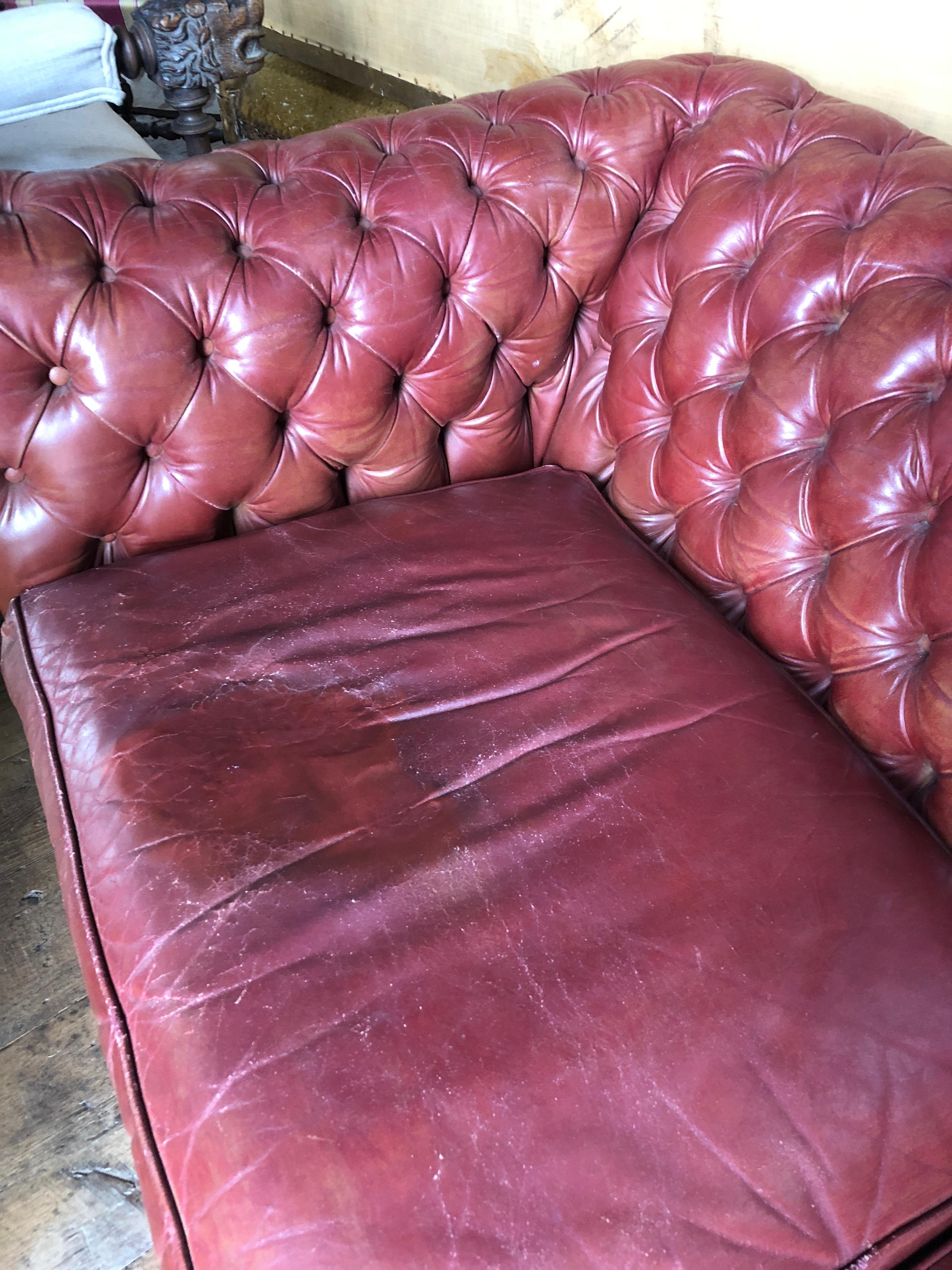 Mid-20th Century Incredibly Handsome Distressed Tufted English Leather Chesterfield Sofa