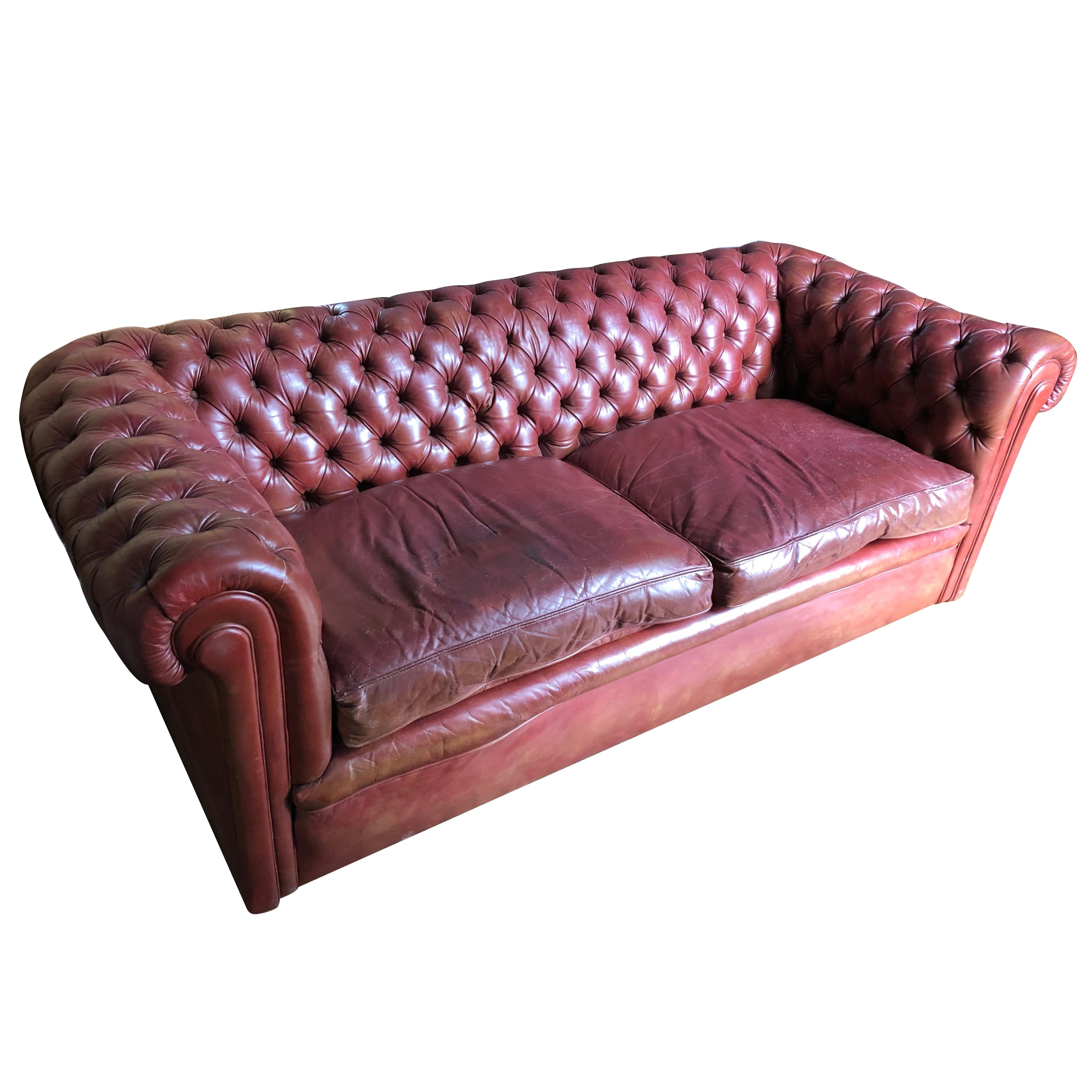 Incredibly Handsome Distressed Tufted English Leather Chesterfield Sofa