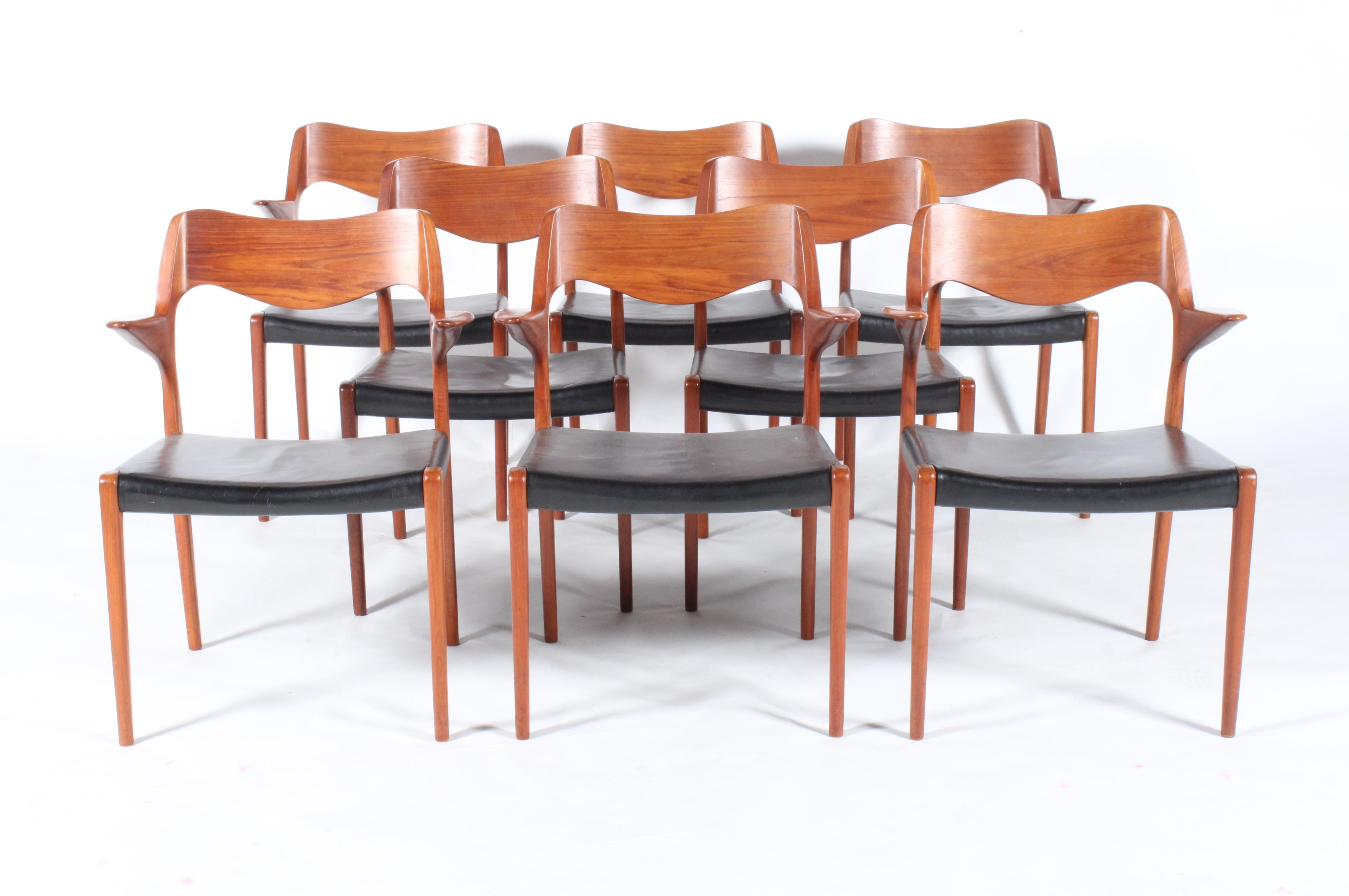 Hand-Crafted Incredibly Rare & Beautiful Set Of Eight Niels Otto Moller Teak Model 55 Chairs For Sale