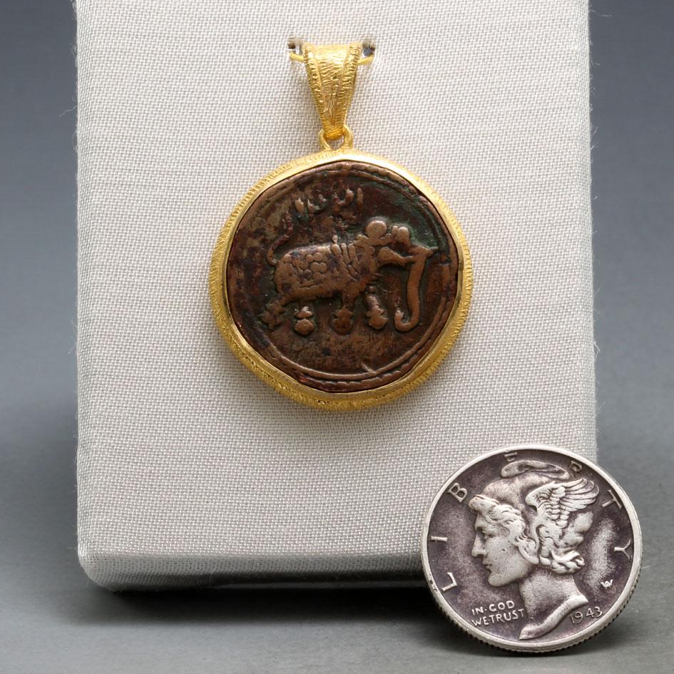 India 1700's Mysore Bronze Elephant Coin 18K Gold Pendant 2