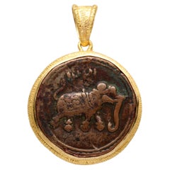 India 1700's Mysore Bronze Elephant Coin 18K Gold Pendant