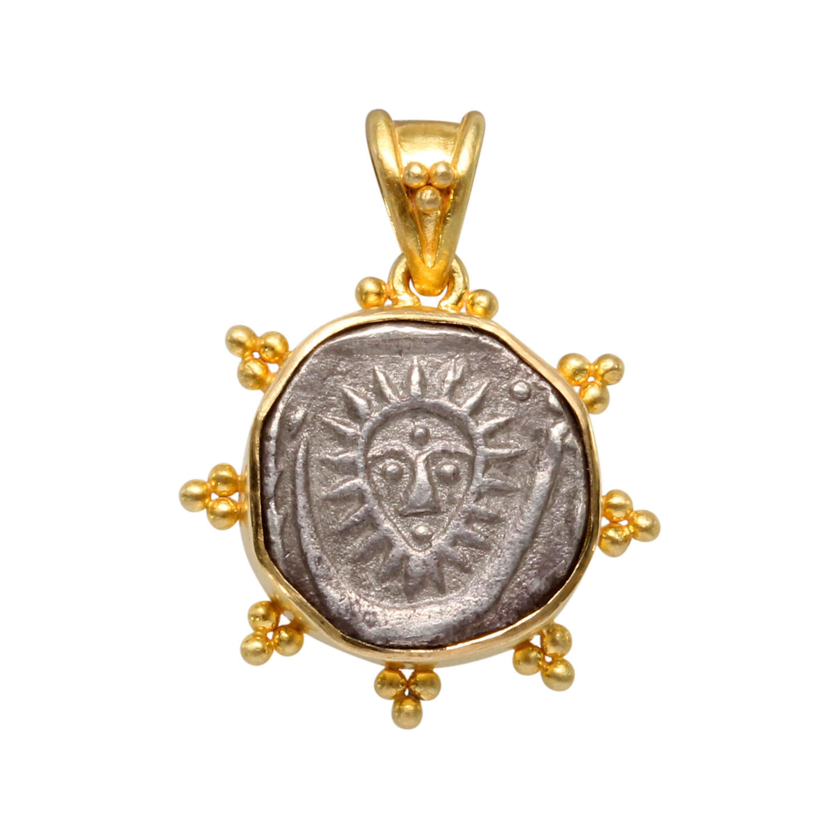 India 1850's Sun-Face Coin 18K Gold Pendant  For Sale 1