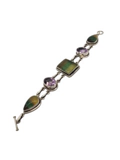 India 925 Carved Multi Gemstone Link Bracelet #20880