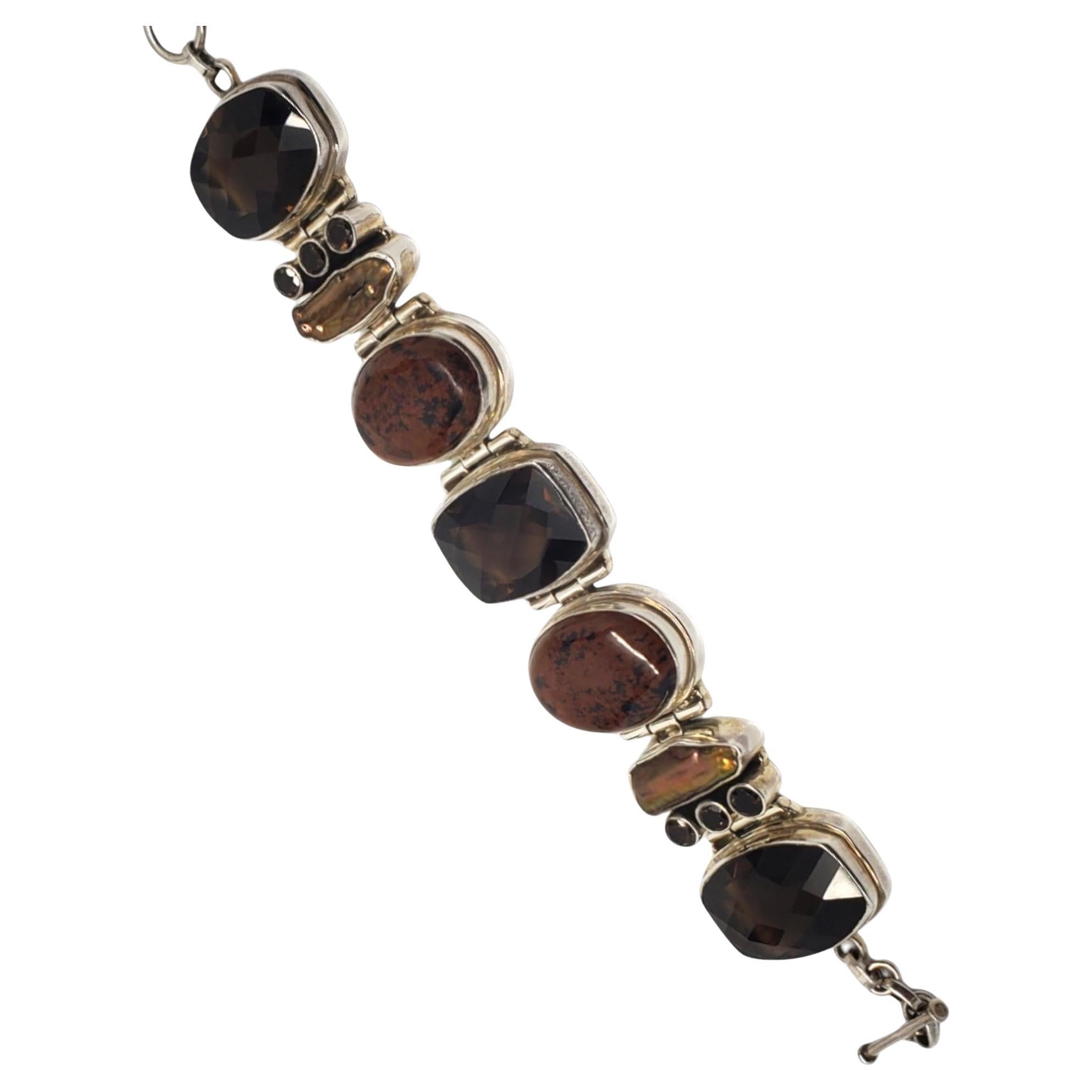 Inde 925 Large bracelet à charnière en pierres multiples Brown #20881 en vente