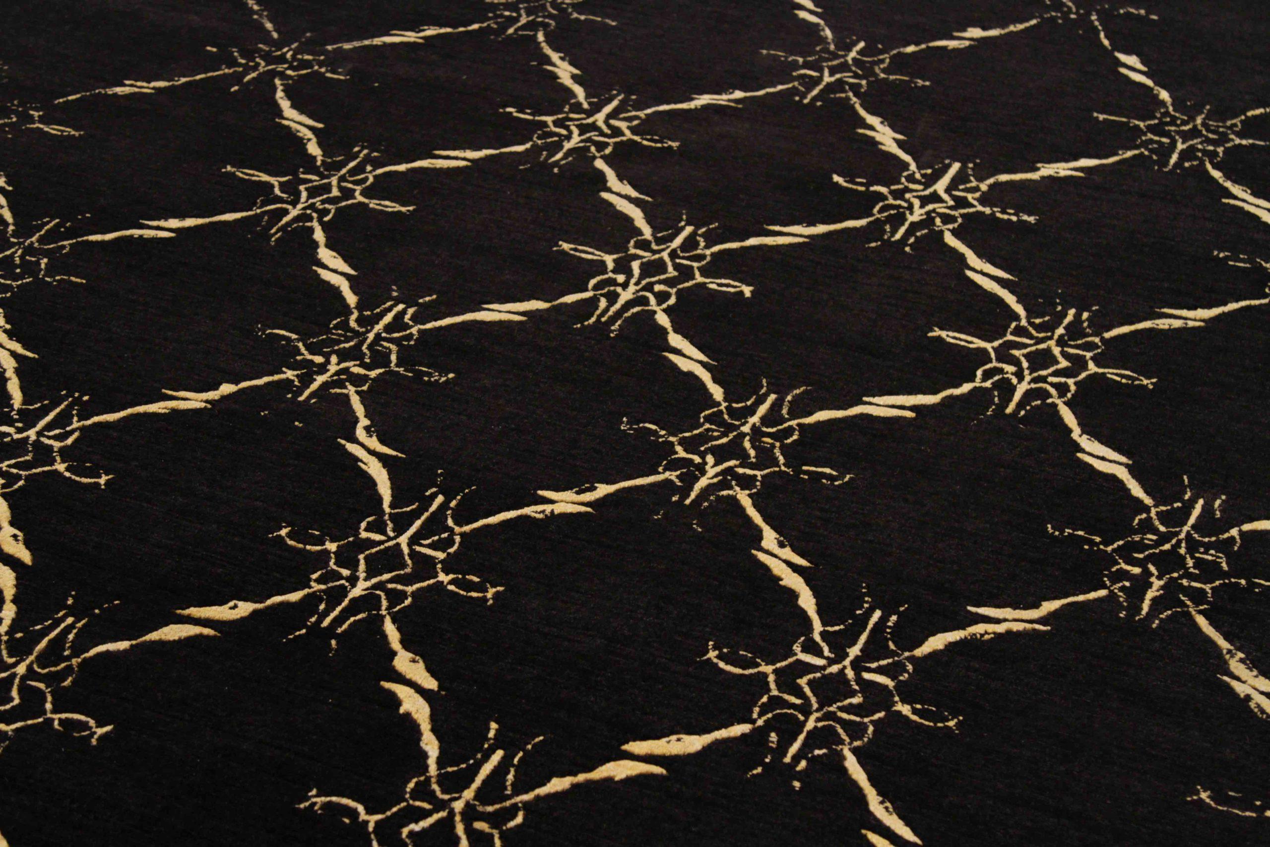 Indien Tapis de sol India Abadeh - Laine Noir Jaune Design - 88038 en vente