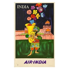 INDE - AIR-INDIA : Affiche de voyage et de tourisme d'époque, authentique et originale, de la compagnie aérienne MCM