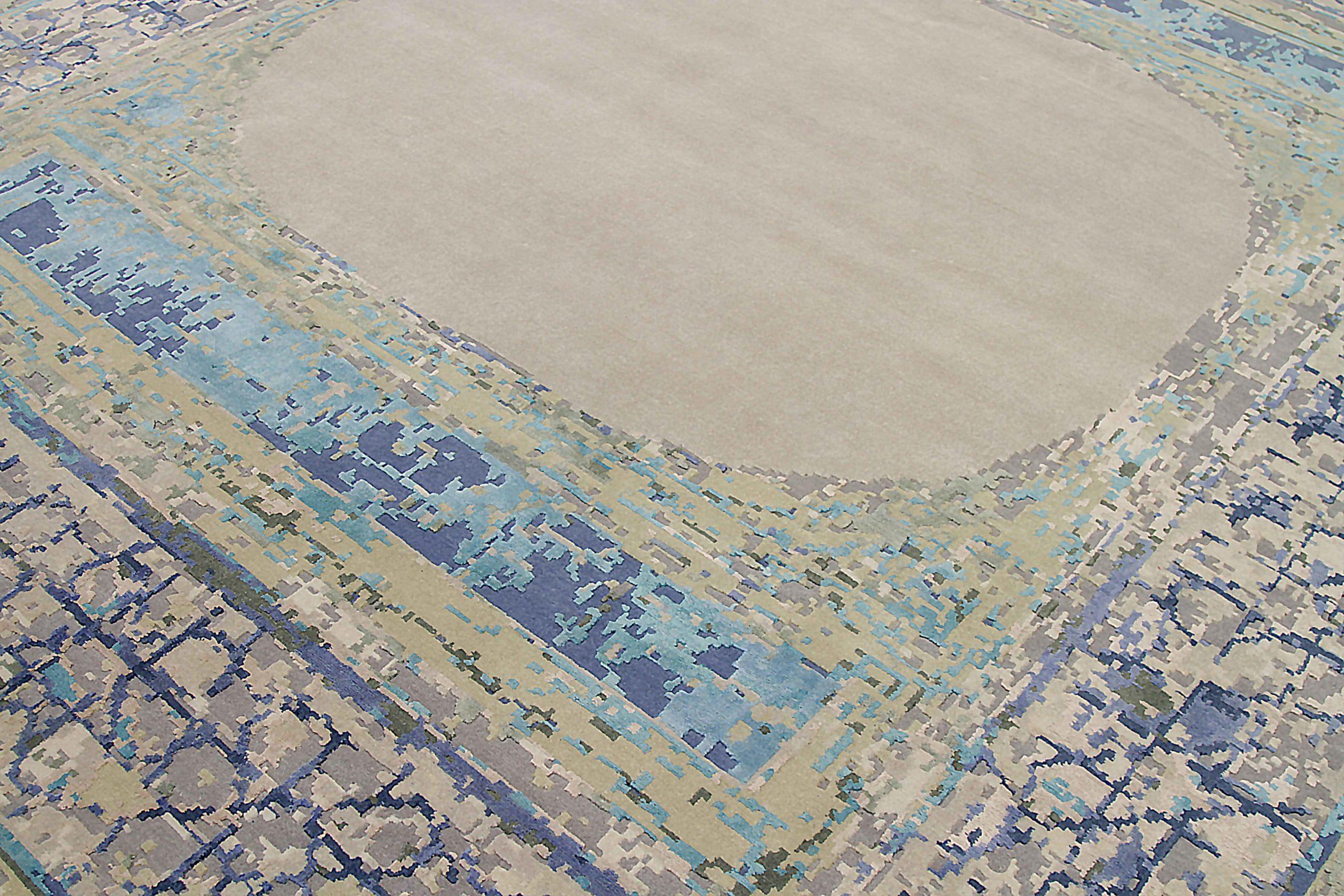 Modern India Area Rugs Circa 1990 - Wool Blue Brown Green Ivory Design - 92310 For Sale