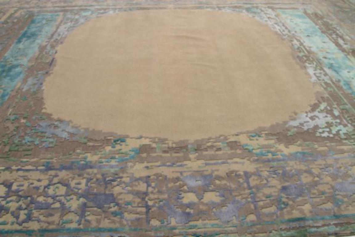 Modern India Area Rugs Circa 1990 - Wool Blue Brown Ivory Design - 91729 For Sale
