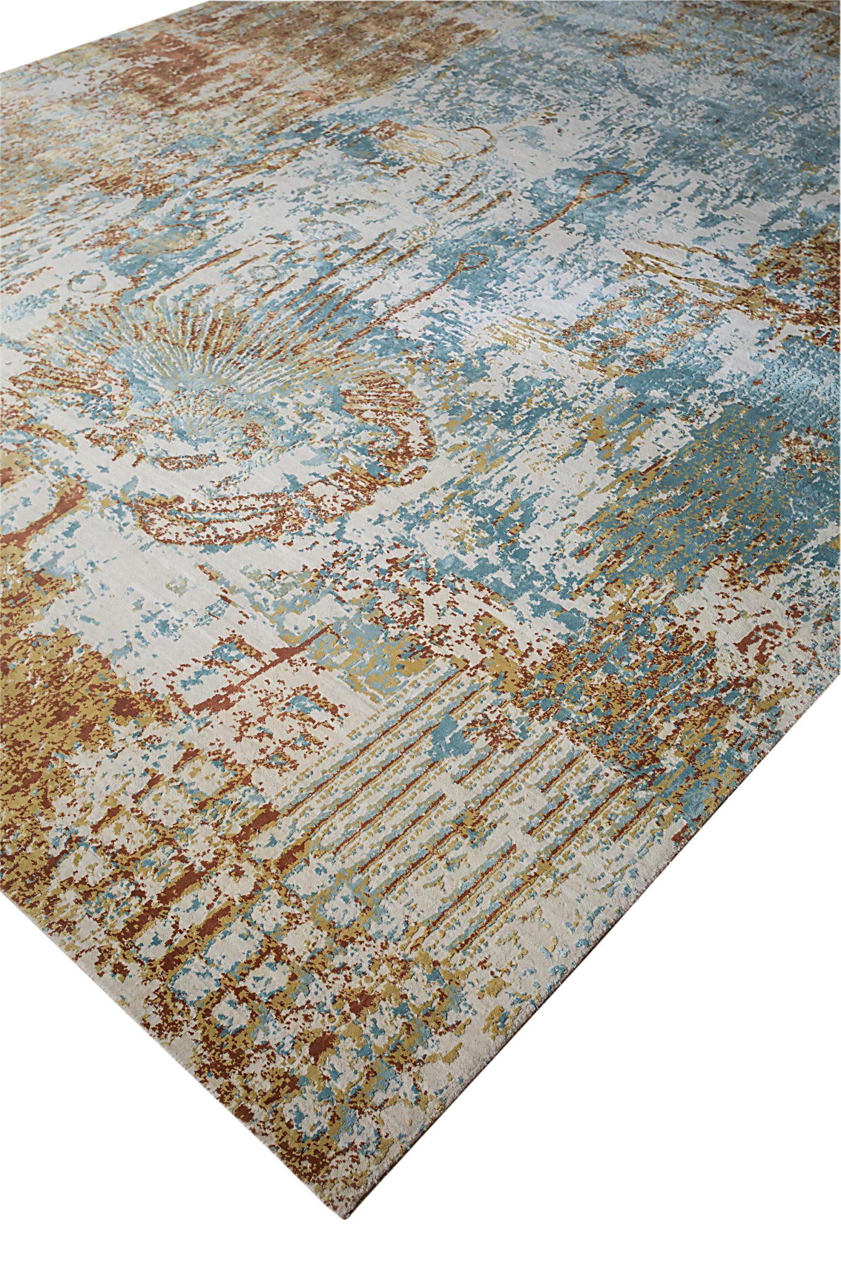 Indian India Area Rugs Circa 1990 - Wool Blue Brown Ivory Yellow Design - 90656 For Sale