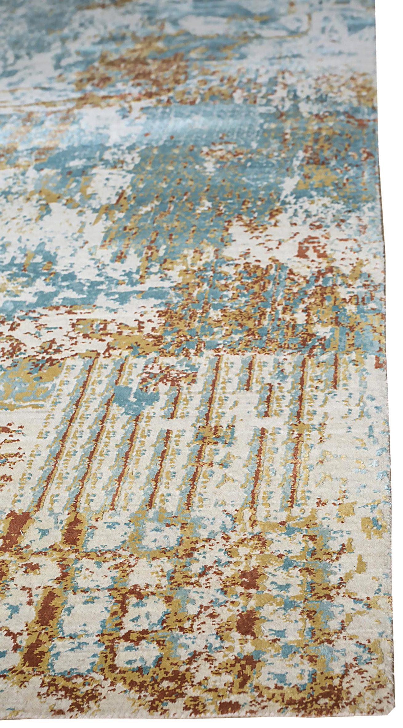 India Area Rugs Circa 1990 - Wool Blue Brown Ivory Yellow Design - 90656 In Excellent Condition For Sale In Dallas, TX