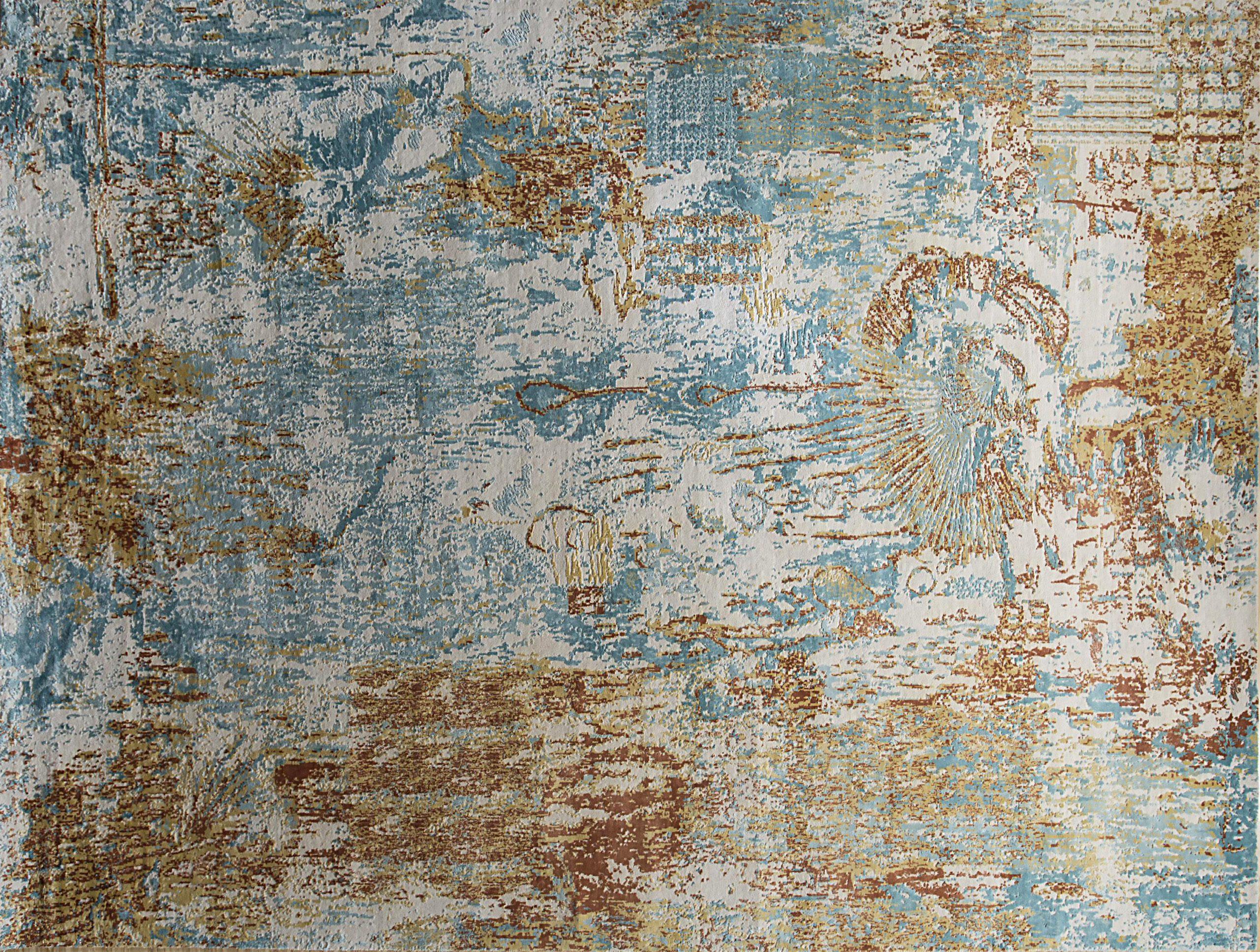 20th Century India Area Rugs Circa 1990 - Wool Blue Brown Ivory Yellow Design - 90656 For Sale