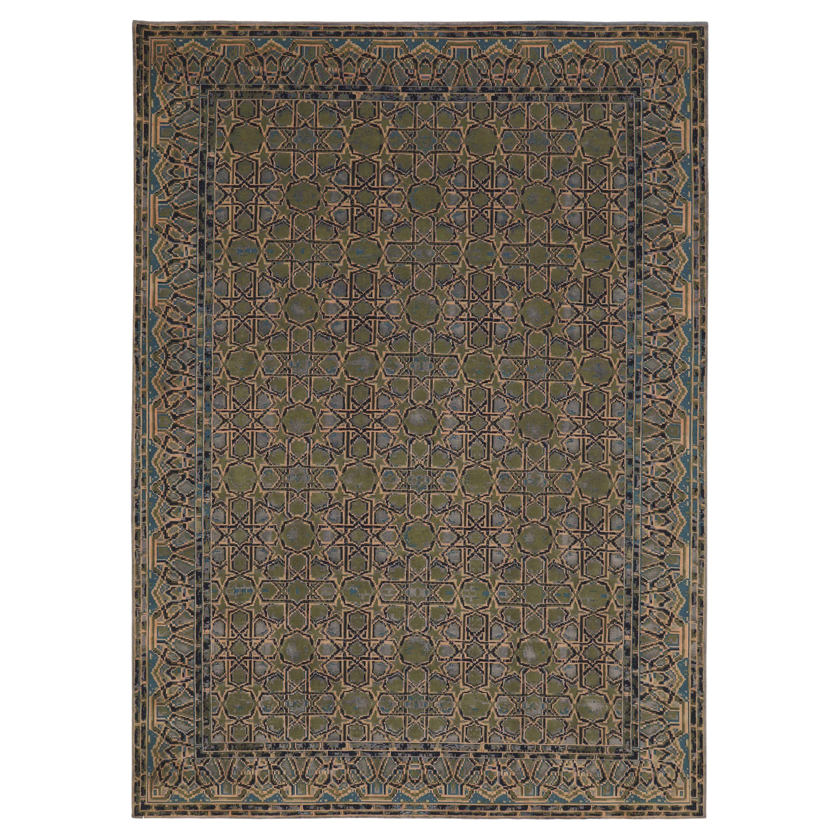India Area Rugs Circa 1990 - Wool Blue Gray Green Ivory Design - 91714