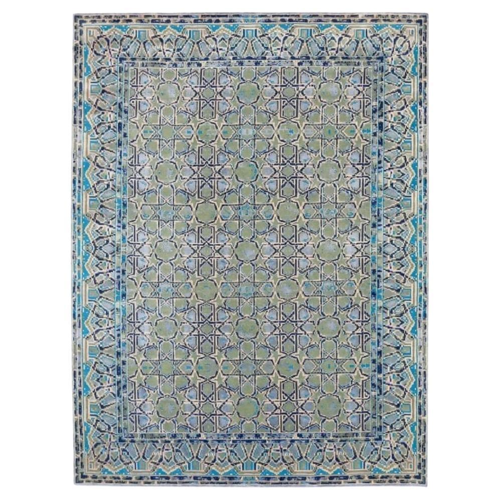 India Area Rugs Circa 1990 - Wool Blue Green Ivory Design - 91713