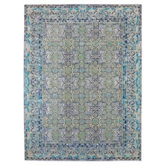 India Area Rugs Circa 1990 - Wool Blue Green Ivory Design - 91713