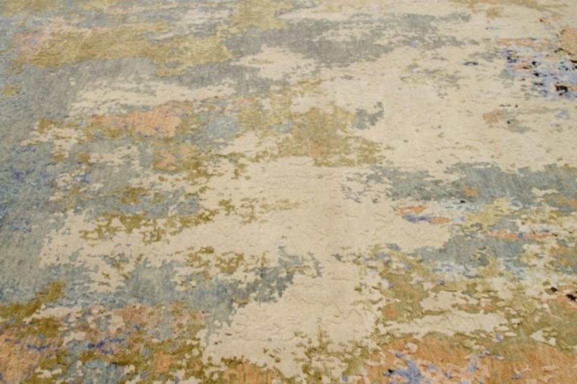 Moderne Tapis d'Inde des années 1990 - Laine bleu vert rose pourpre gris/argenté - 91660 en vente