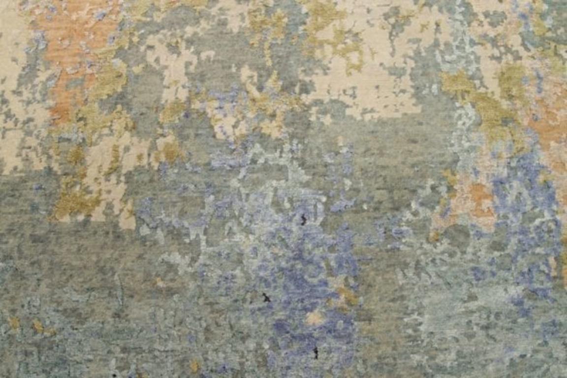 Indien Tapis d'Inde des années 1990 - Laine bleu vert rose pourpre gris/argenté - 91660 en vente