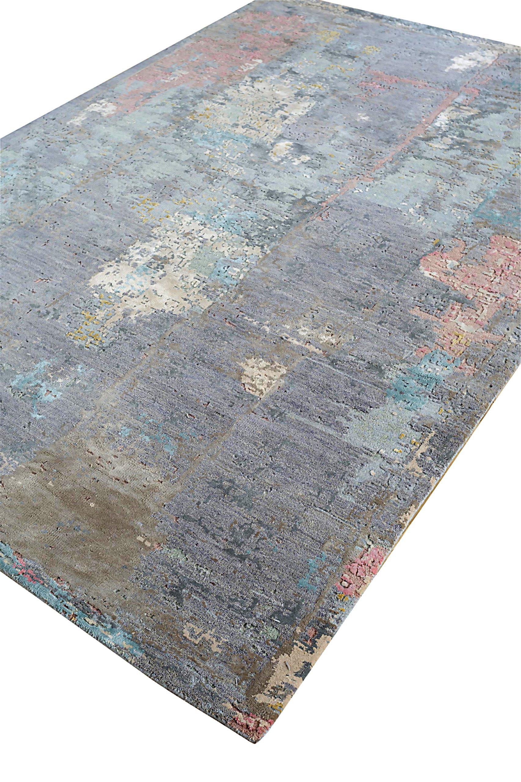 Indien Tapis d'Inde des années 1990 - Motif de revers en laine bleu ivoire rose - 90650 en vente