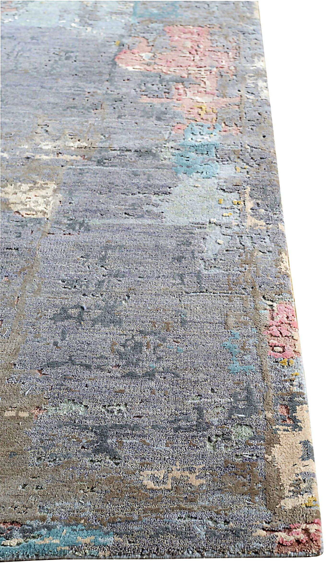 20ième siècle Tapis d'Inde des années 1990 - Motif de revers en laine bleu ivoire rose - 90650 en vente