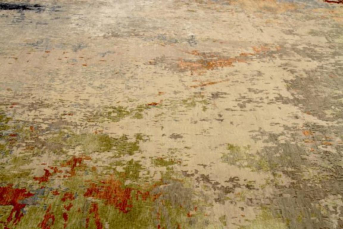 Moderne Tapis d'Inde des années 1990 - Design en laine bleu ivoire rose taupe - 91681 en vente