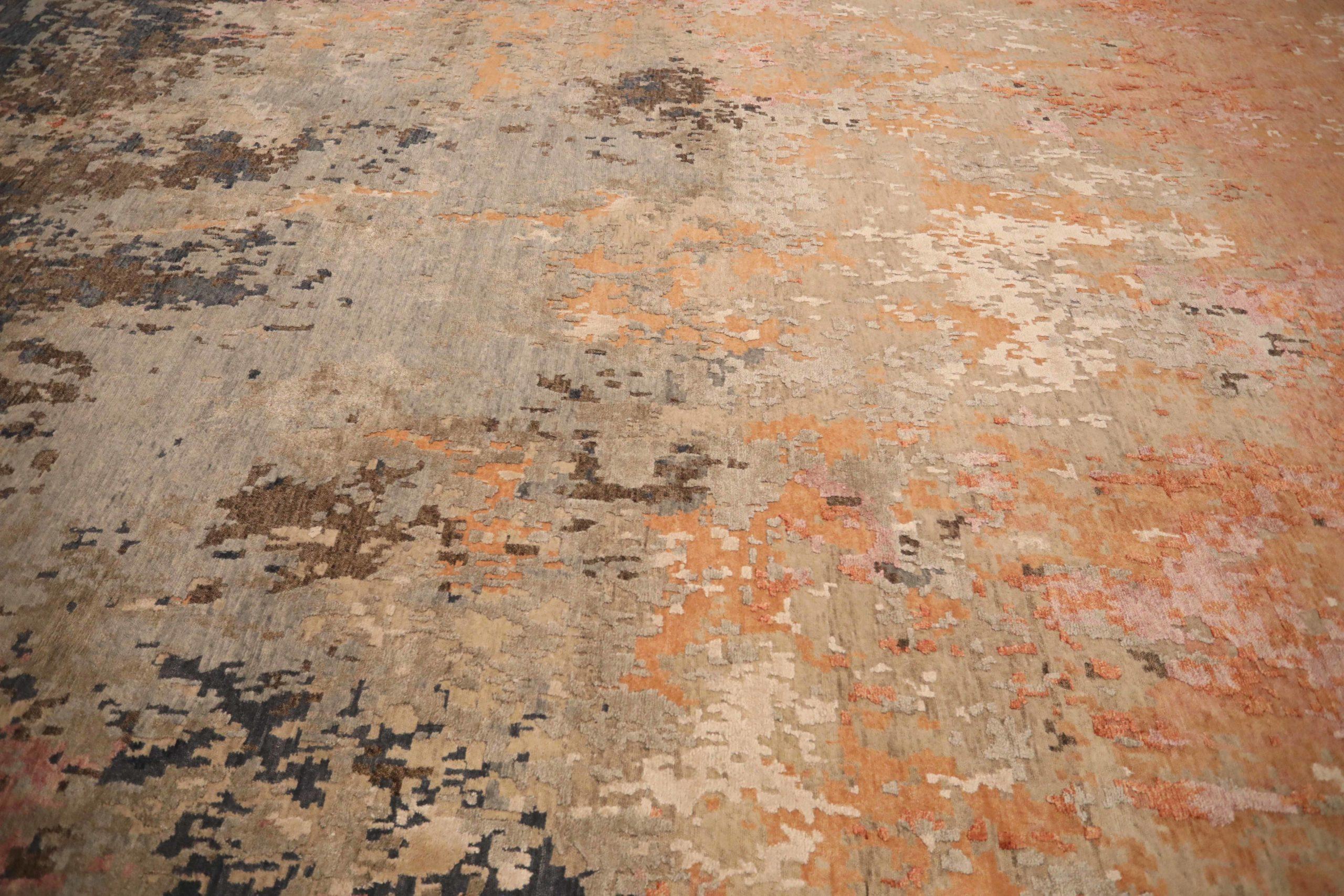 Modern India Area Rugs Circa 1990 - Wool Brown Green Ivory Orange Design - 91704 For Sale