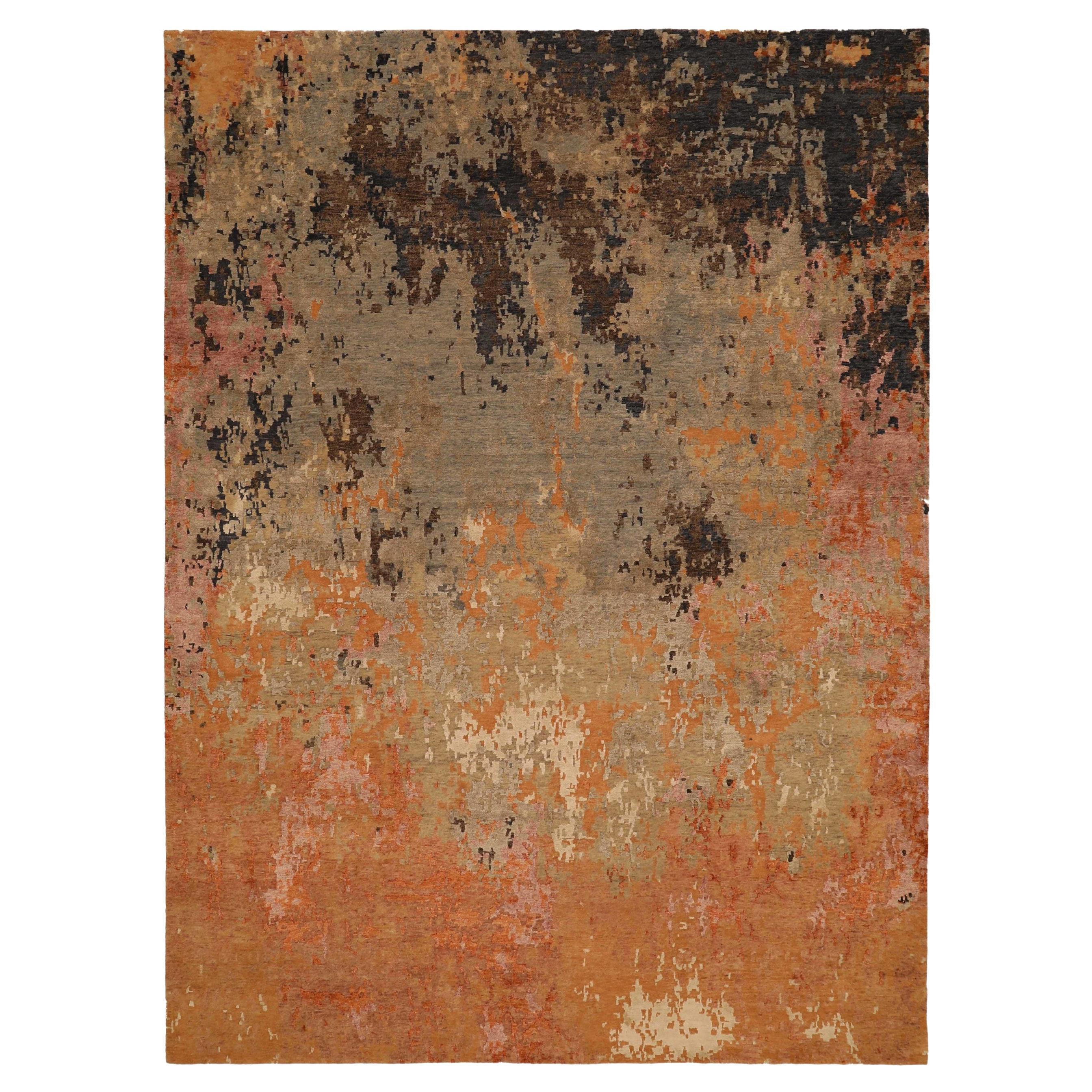 India Area Rugs Circa 1990 - Wool Brown Green Ivory Orange Design - 91704
