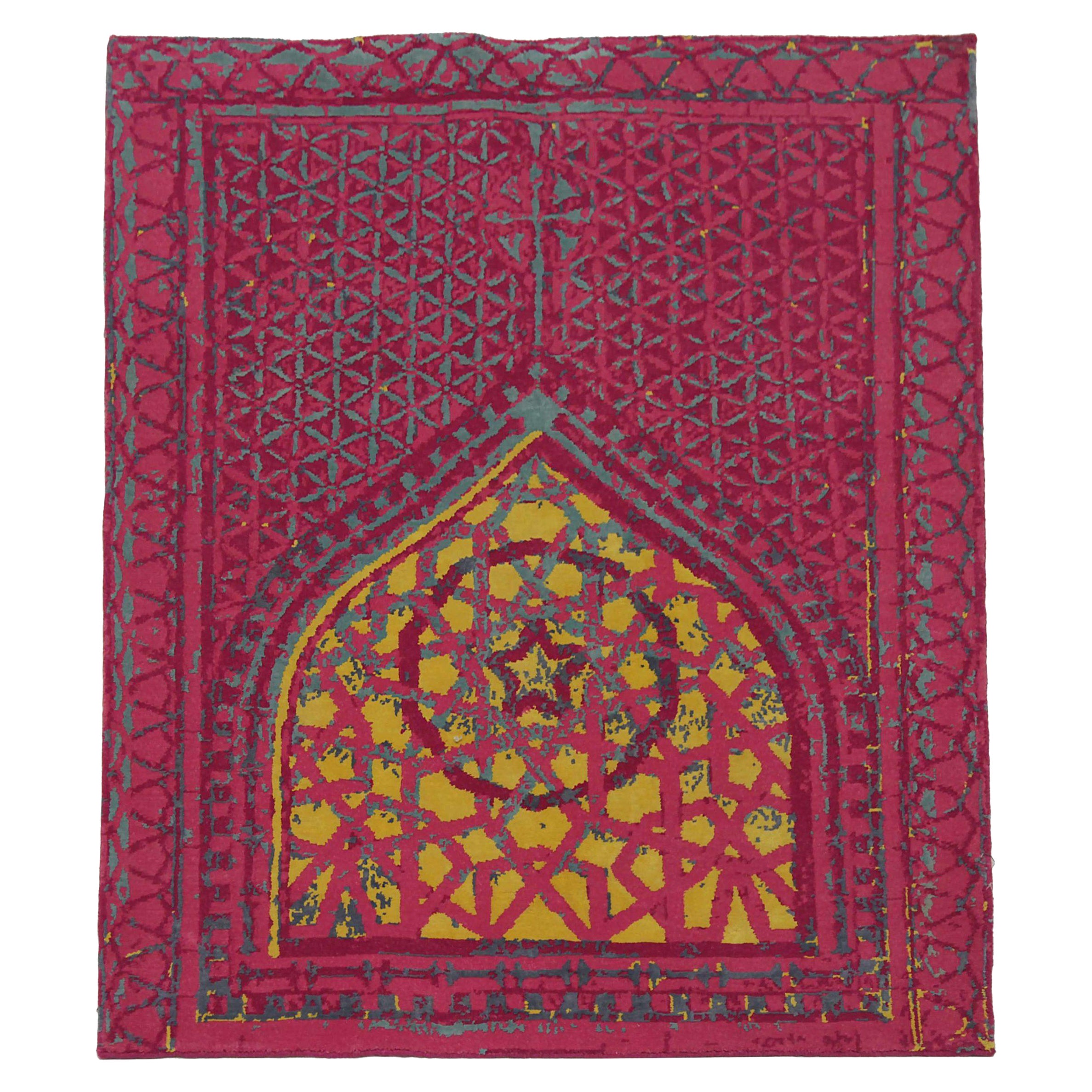 India Area Rugs Circa 1990 - Wool Gray Pink Yellow Design - 90668