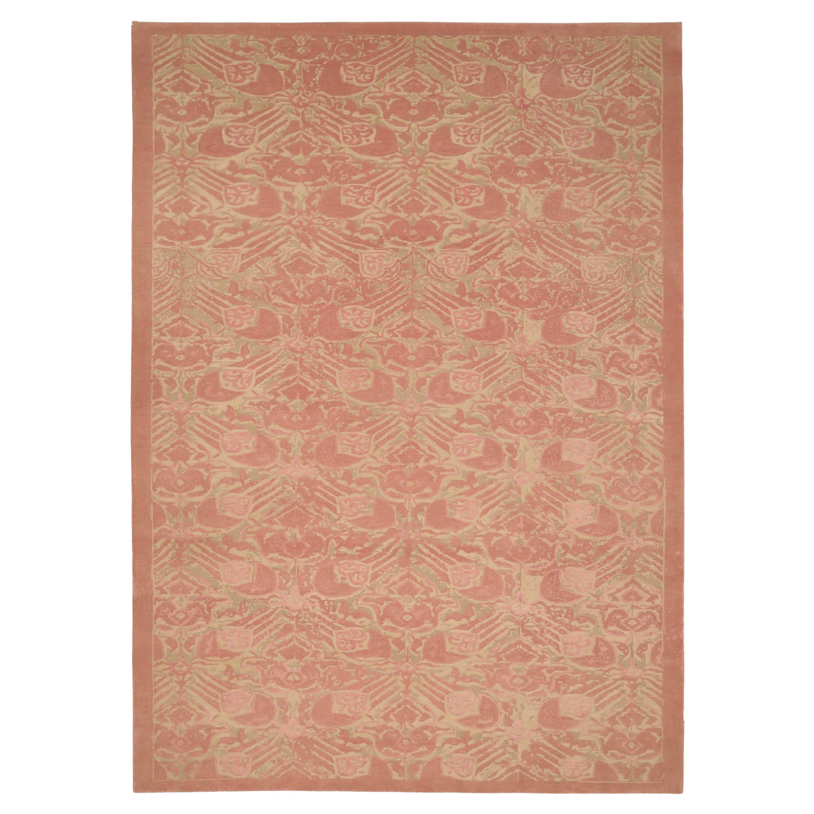 India Area Rugs Circa 1990 - Wool Ivory Pink Design - 91711