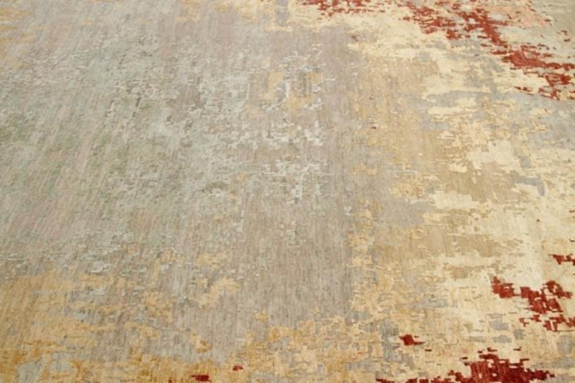 Moderne Tapis d'Inde des années 1990 - Laine ivoire rose rouge nuances de gris/argent - 91691 en vente