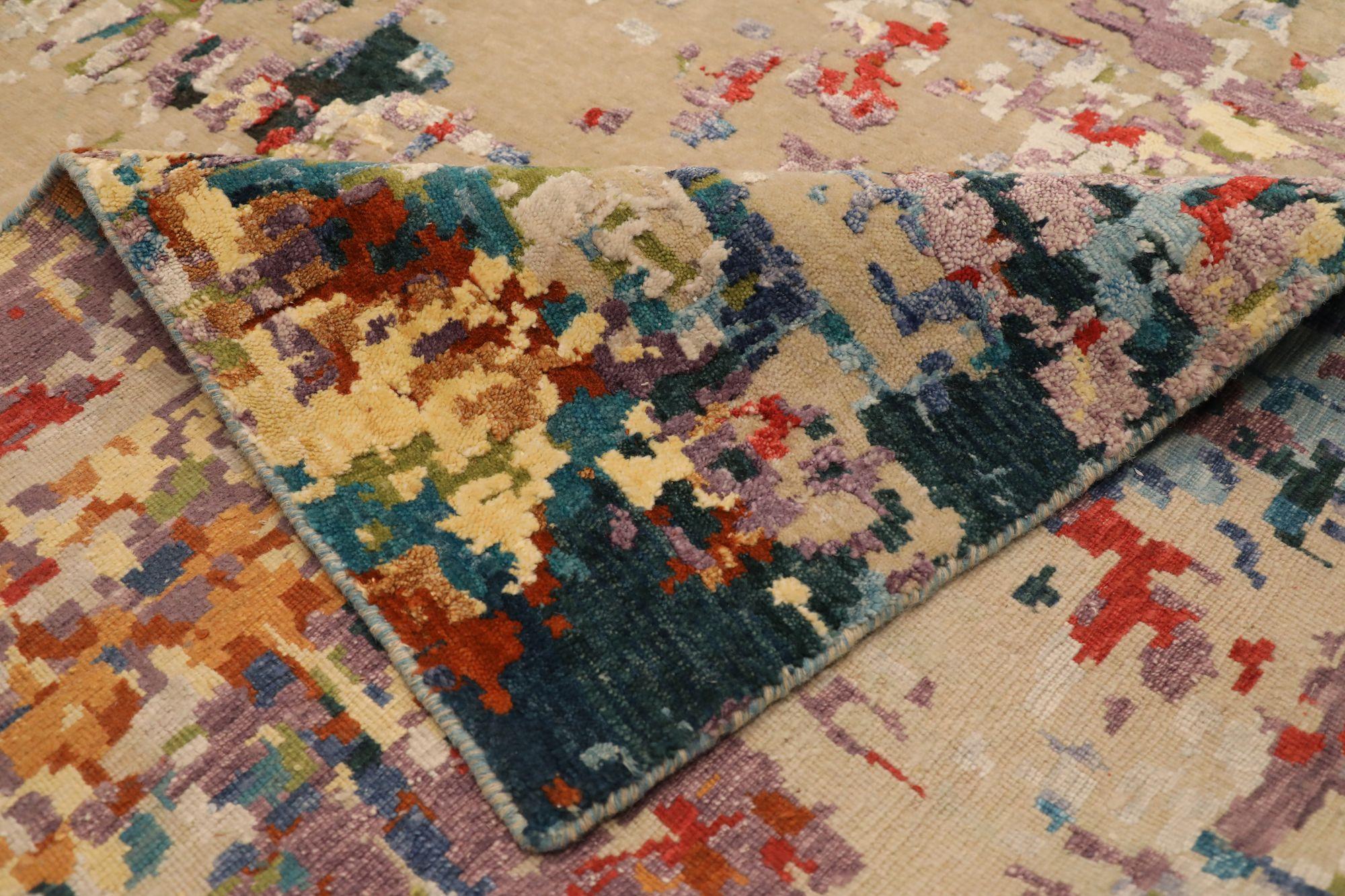 Indien Tapis d'Inde en laine et soie bleu vert ivoire rouge jaune - 97322 en vente
