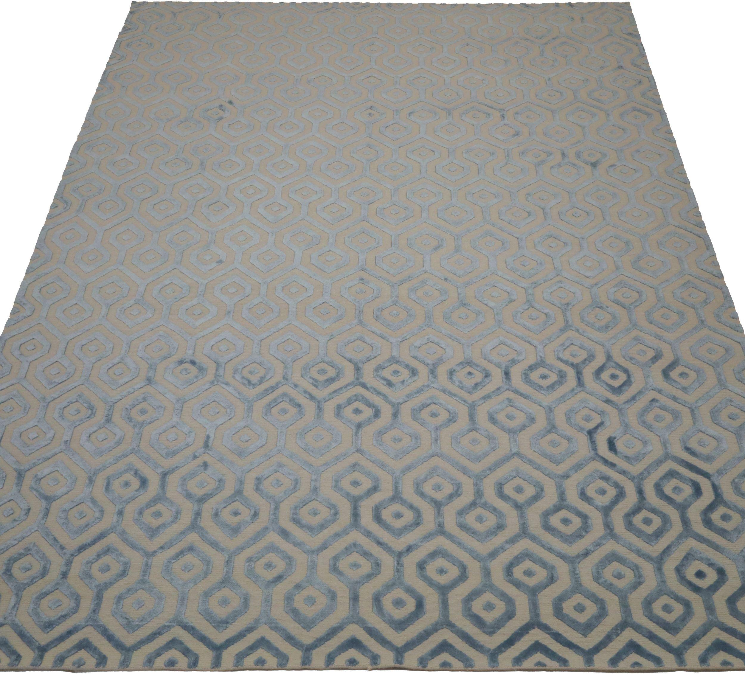 Indische Teppiche - Wolle und Seide Grau Elfenbein Design - 93632 (20. Jahrhundert) im Angebot