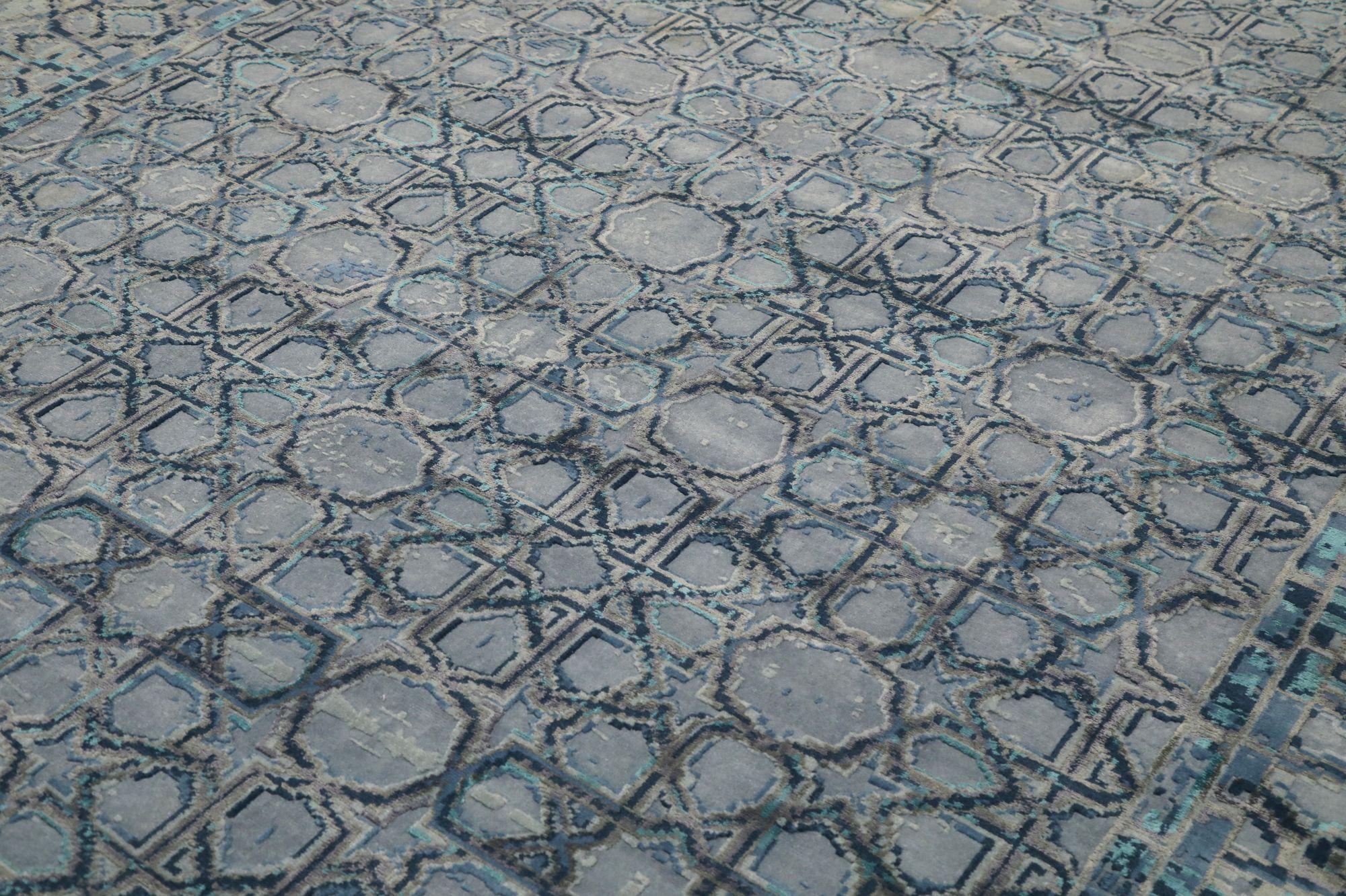 Moderne Tapis d'Inde à motif bleu en laine - 96632 en vente