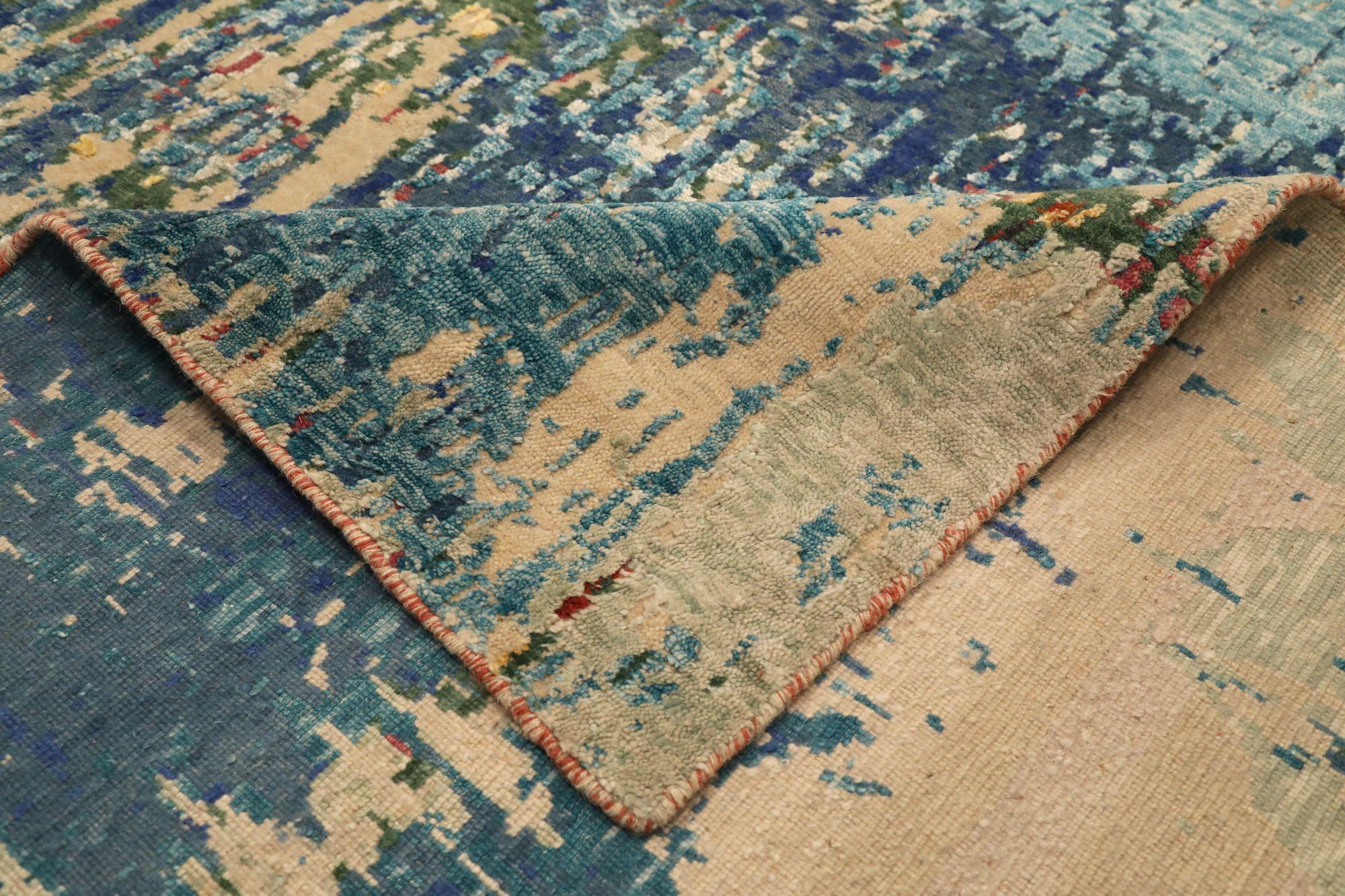 Indische Teppiche - Wolle Blau Grün Elfenbein Rot Design - 97336 im Zustand „Hervorragend“ im Angebot in Dallas, TX