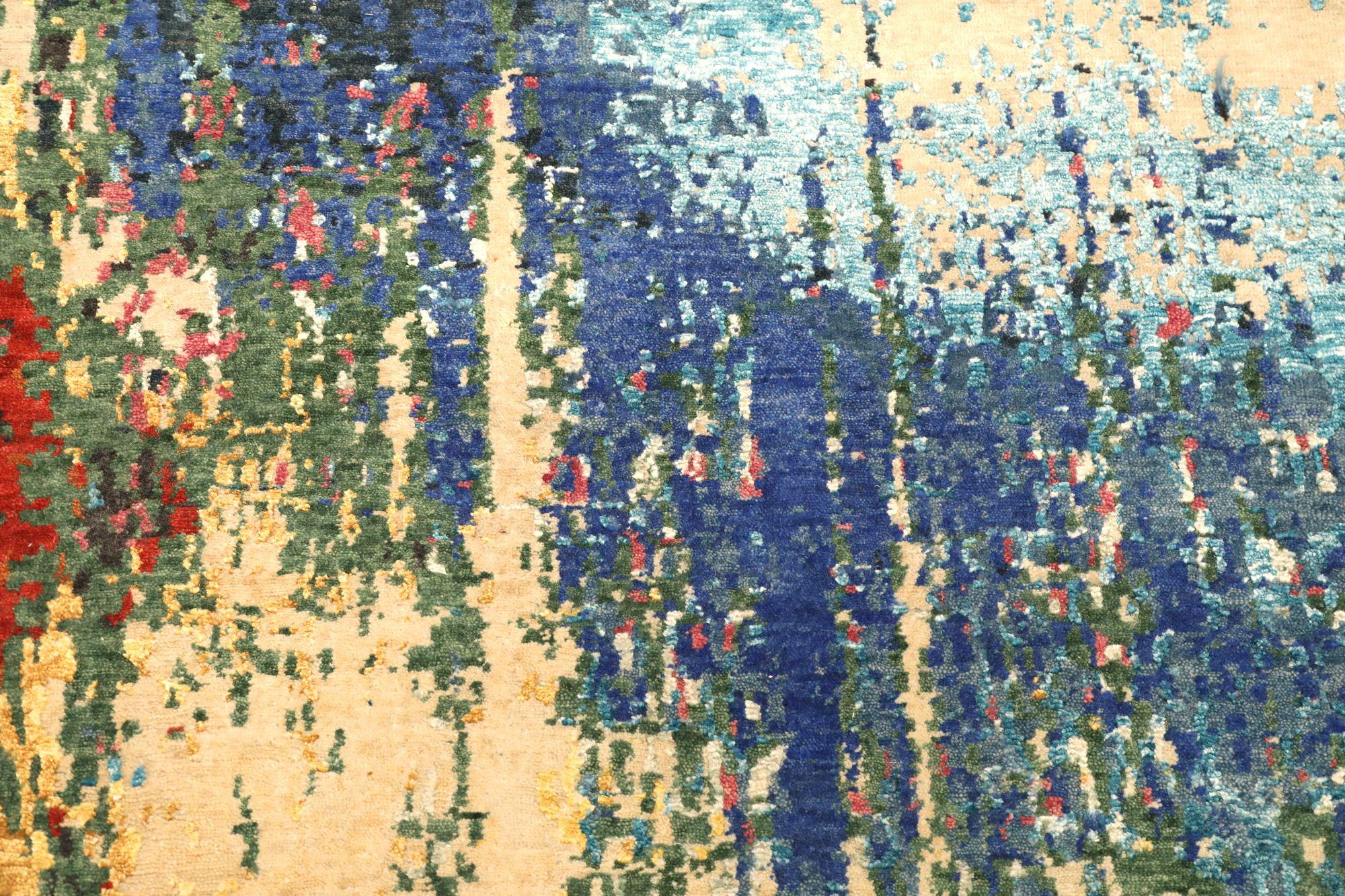 Indische Teppiche - Wolle Blau Grün Elfenbein Rot Design - 97336 (20. Jahrhundert) im Angebot