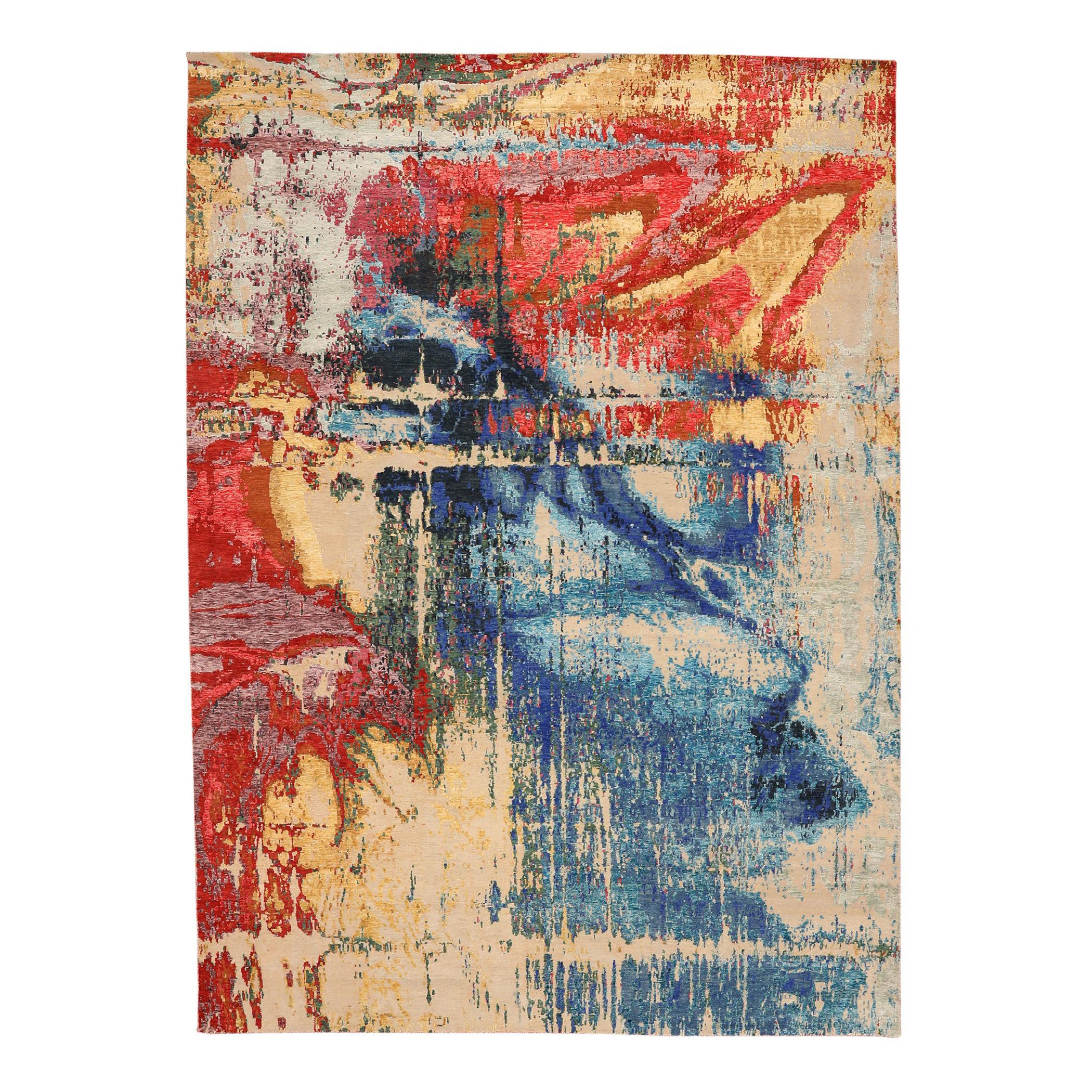 Indische Teppiche - Wolle Blau Grün Elfenbein Rot Design - 97336 im Angebot