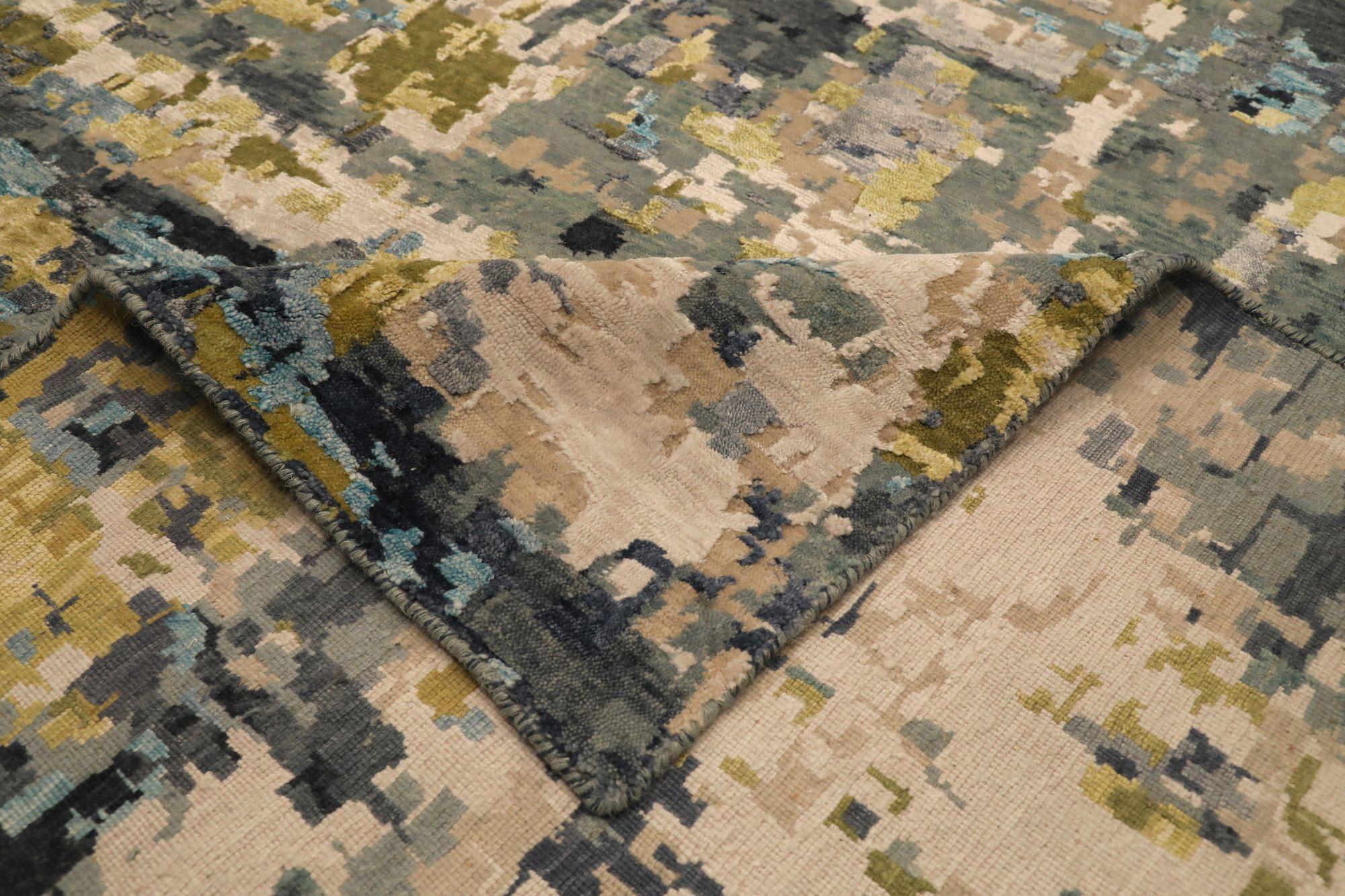 Indien Tapis de laine bleu vert ivoire jaune motif indien - 97332 en vente