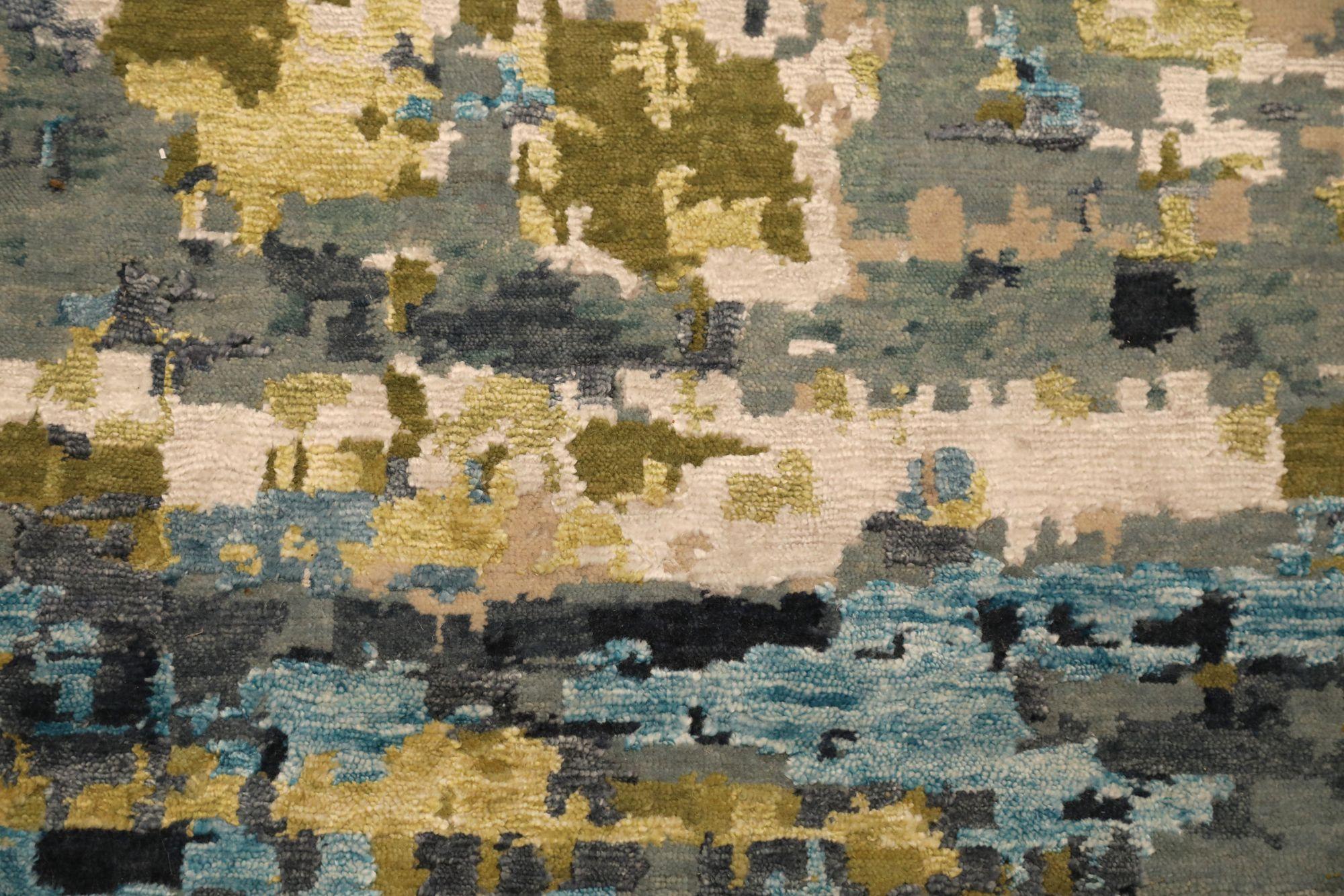 Tapis de laine bleu vert ivoire jaune motif indien - 97332 Excellent état - En vente à Dallas, TX