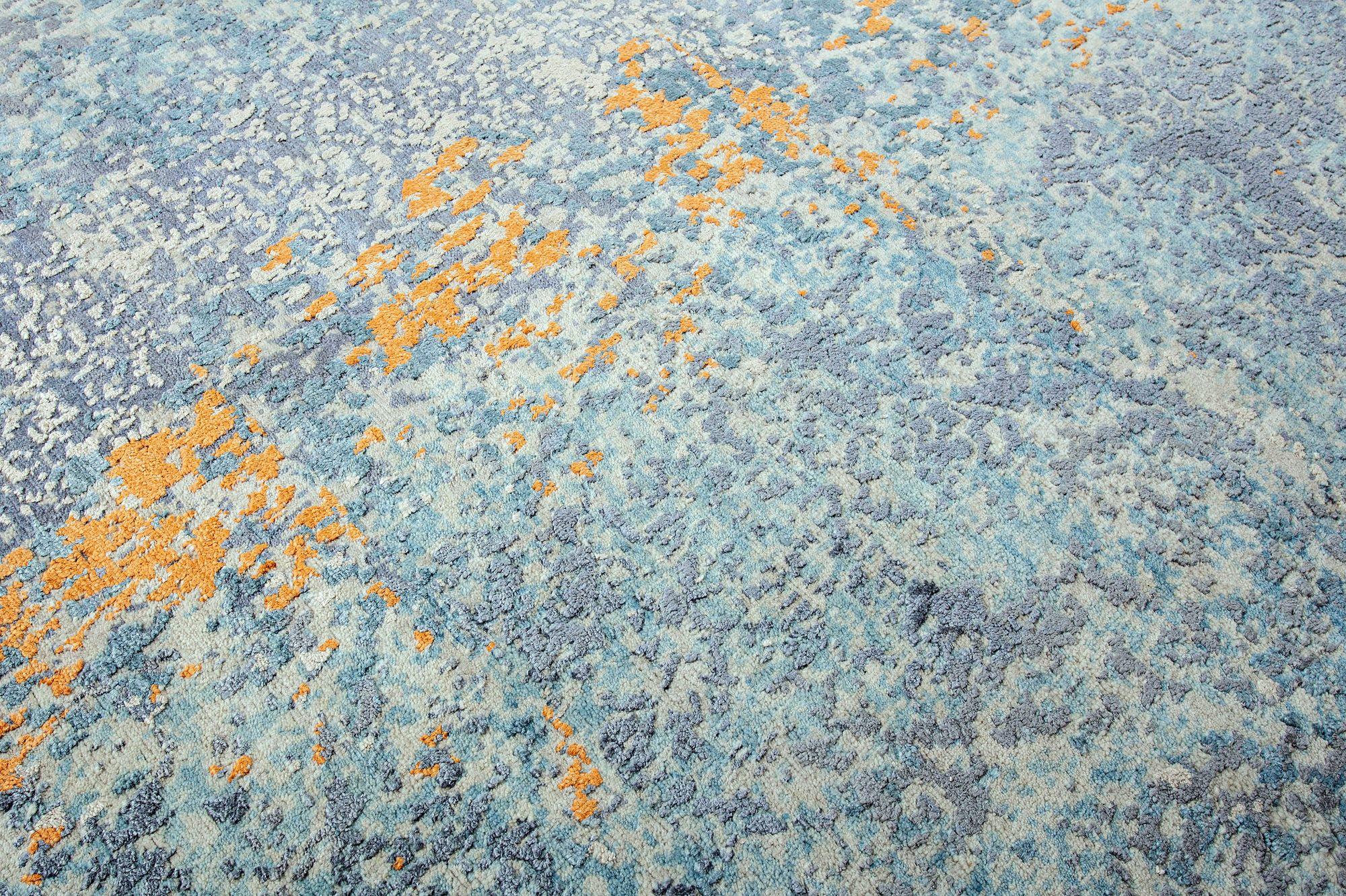 Indische Teppiche - Wolle Blau Elfenbein Orange Design - 93303 im Zustand „Hervorragend“ im Angebot in Dallas, TX