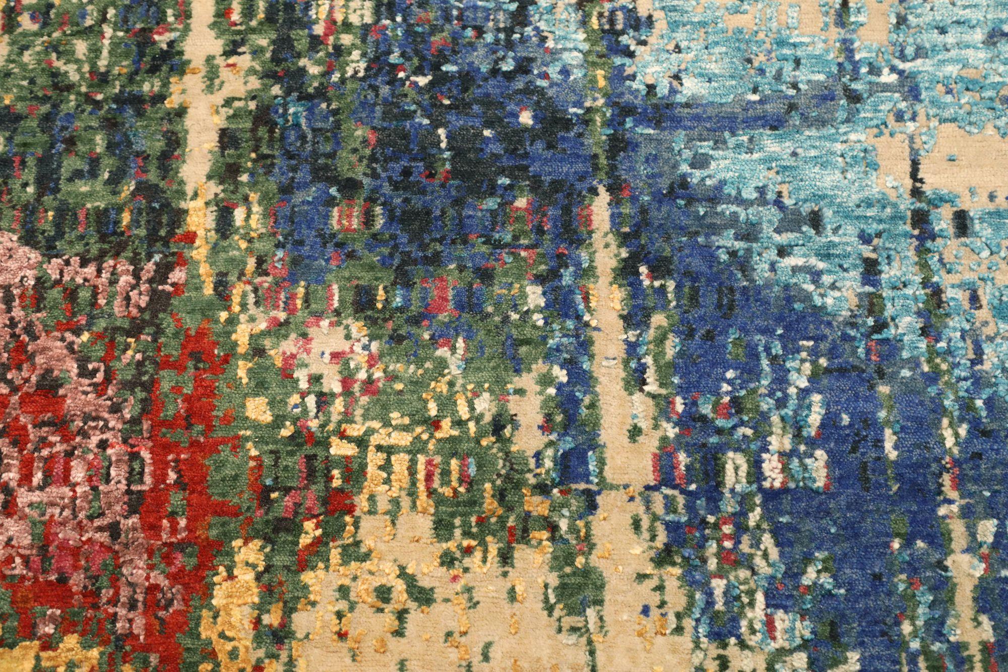 Indien Bereich Teppiche - Wolle Blau Elfenbein Rot Gelb Design - 97328 im Zustand „Hervorragend“ im Angebot in Dallas, TX