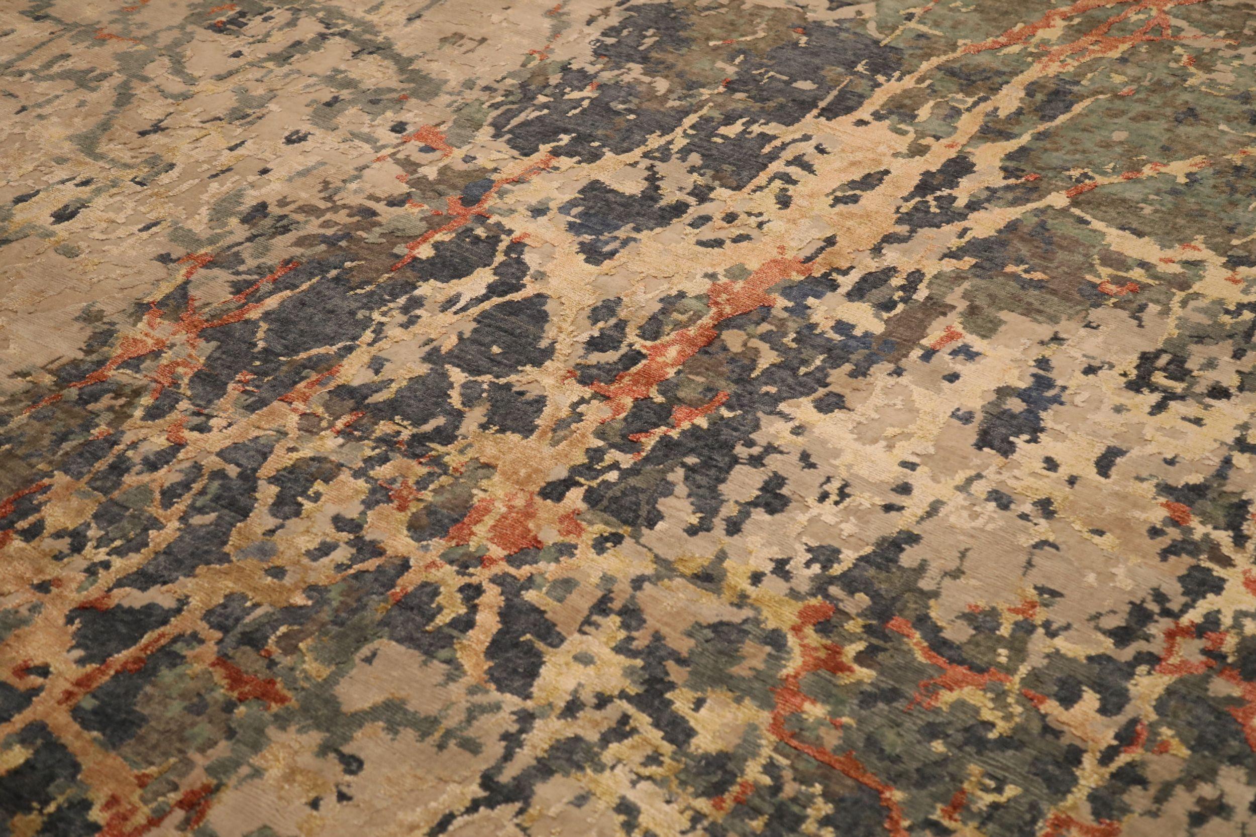 Tapis de laine gris vert ivoire rouge jaune motif indien - 93761 Excellent état - En vente à Dallas, TX