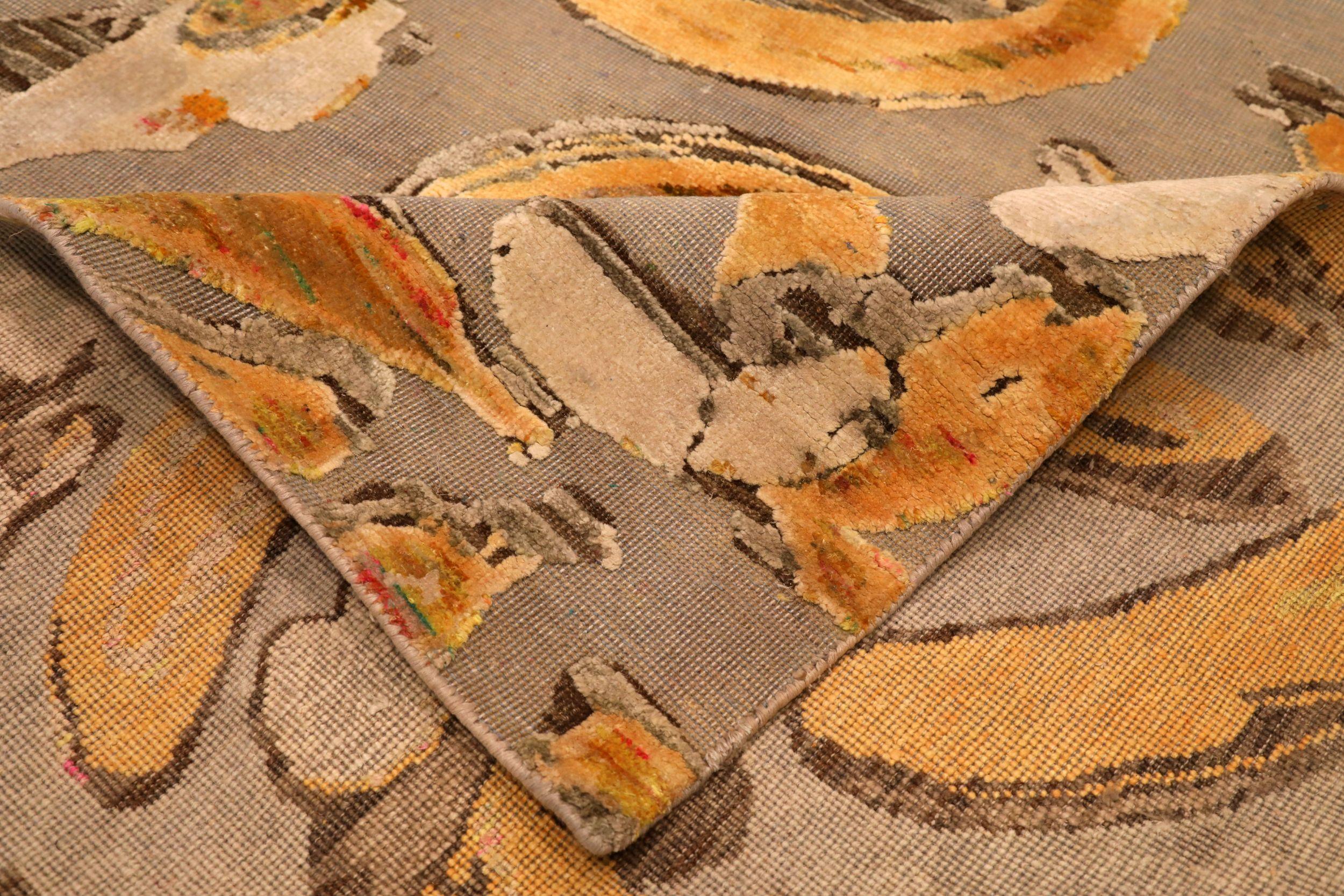 Moderne Tapis indiens banane motif en laine ivoire jaune - 94102 en vente