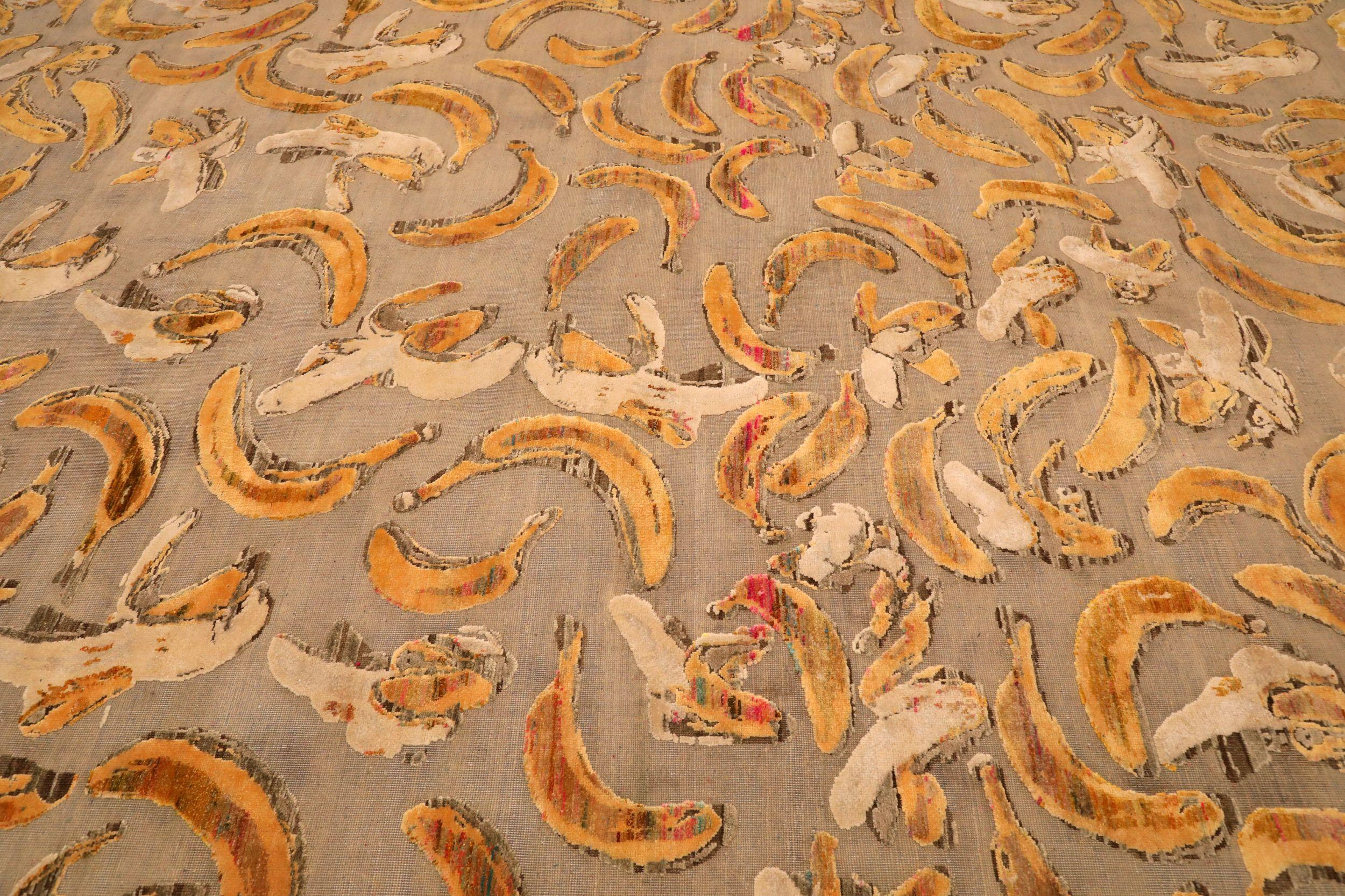 Tapis indiens banane motif en laine ivoire jaune - 94102 Excellent état - En vente à Dallas, TX