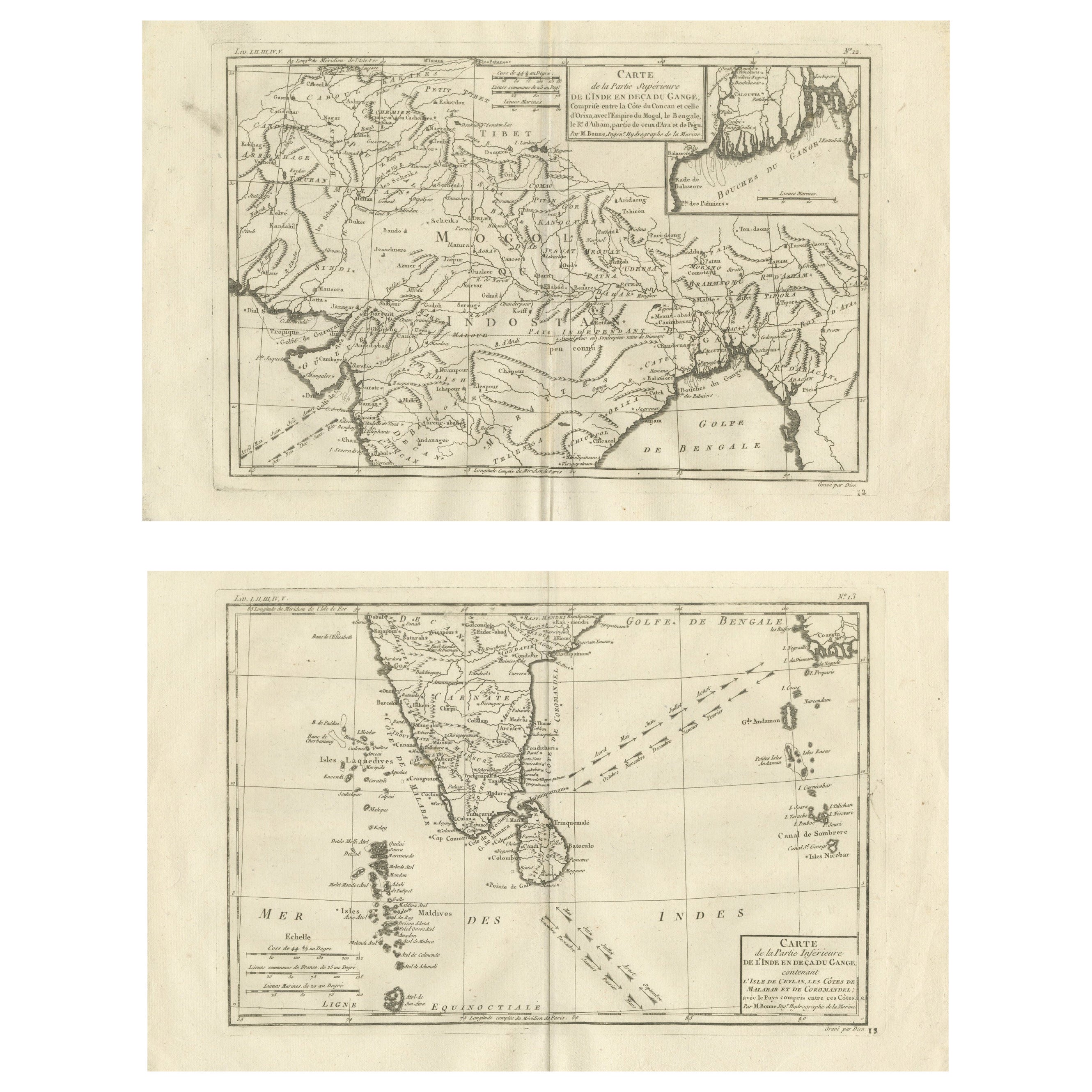 India & Bengal after Bonne – Enlightenment French Cartography, Two-Map Set, 1780 For Sale