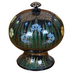 Boîte à bonbons et compote à fleurs Cachemire Papier Mache en laque noire, 7 po.