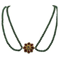 Vintage India Double Chain Jade 916 Gold Almandine Large Diamond Enamel