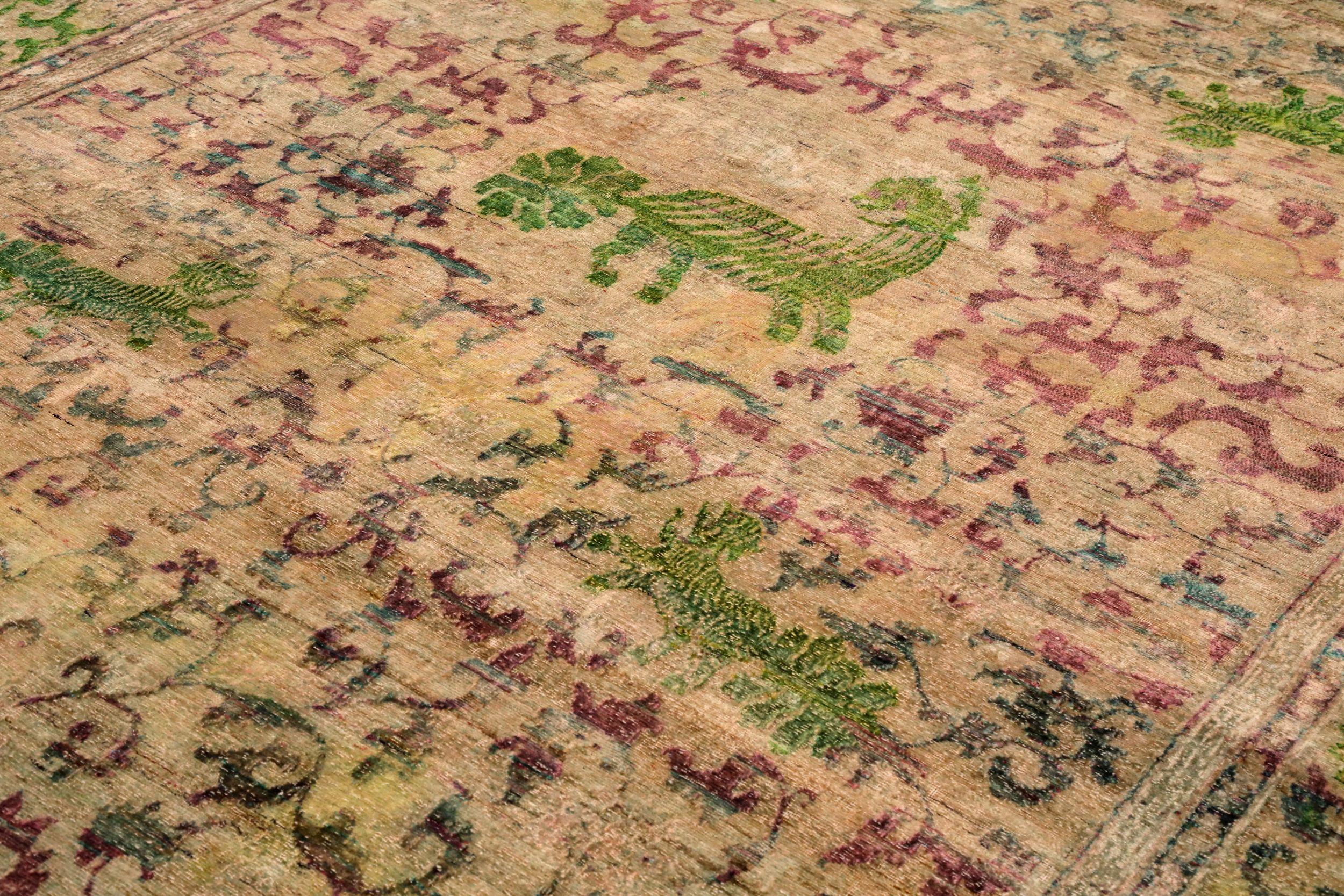 India Dragon Area Rugs - Baumwolle Grün Elfenbein Rot Gelb Design - 94094 (Moderne) im Angebot