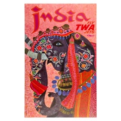 INDIA - FLY TWA JETS Authentic Original Vintage Airline Travel MCM Poster KLEIN