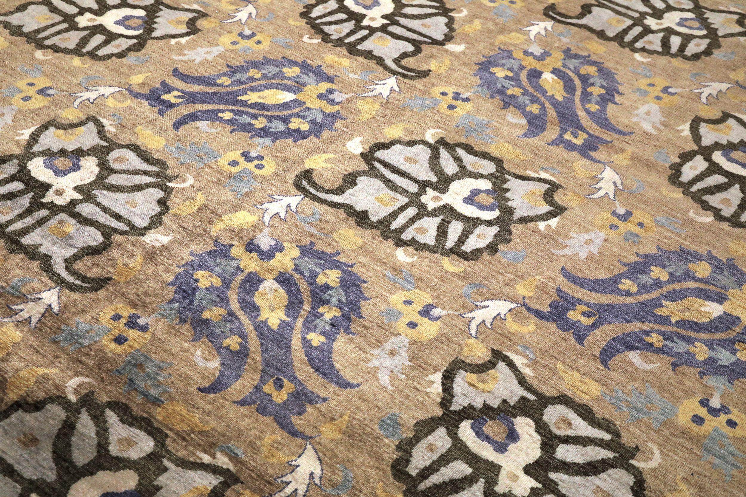 Moderne Tapis de sol Ikat de l'Inde - Laine Bleu Brown Ivoire Jaune Design - 94153 en vente