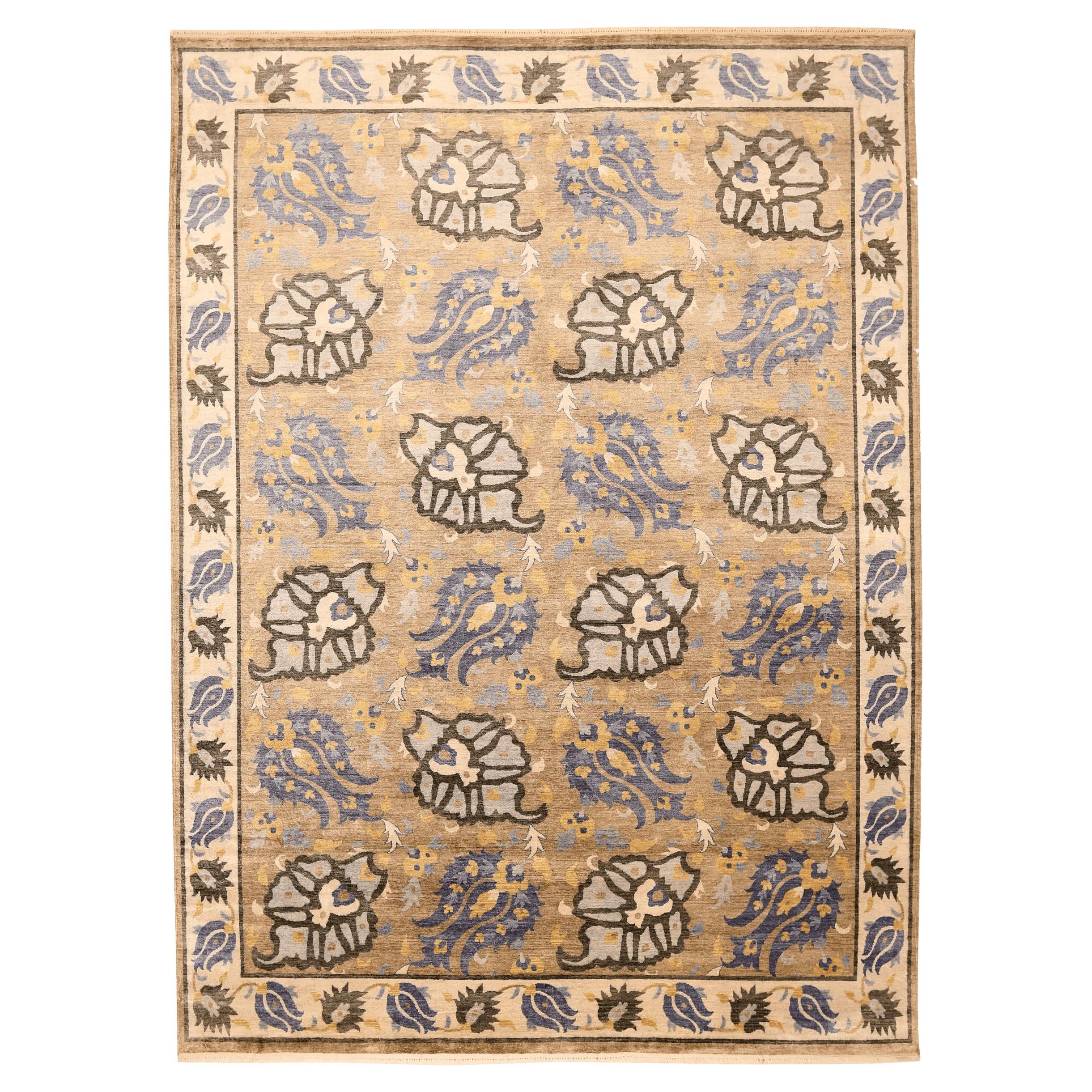 Tapis de sol Ikat de l'Inde - Laine Bleu Brown Ivoire Jaune Design - 94153